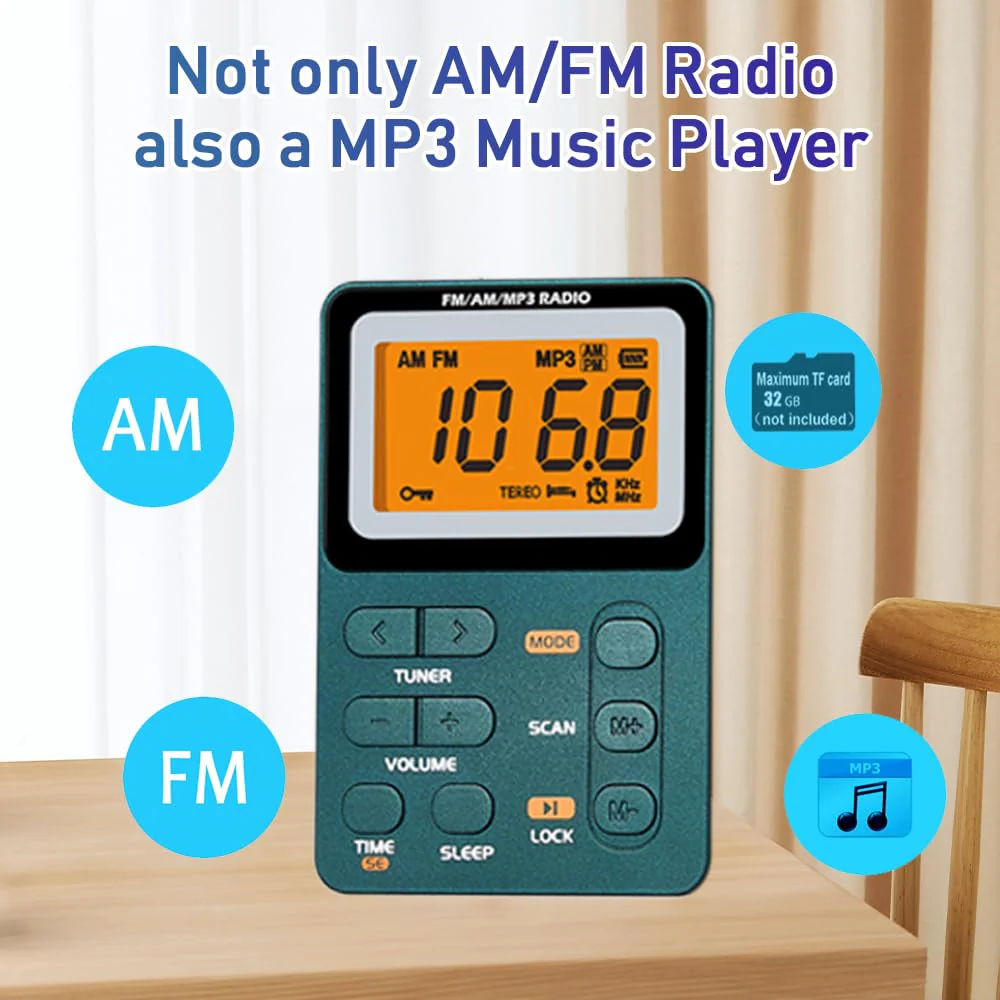 Portable Radio AM FM, Rechargeable Pocket Radio with Best Reception Digital Tuning, MP3, Stereo Earphone, Large LCD Screen, TF Card Socket, Transistorfor Radio for Jogging/Gym/Camping… - Image 3