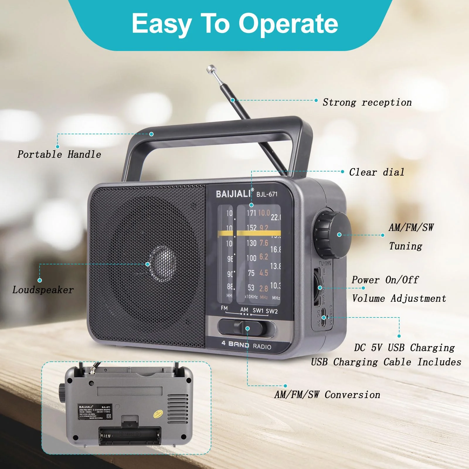 Portable Radio AM FM, Transistor AM FM Radio Portable with Loud Speaker, Small Radio Battery Powered or DC USB, Suitable for Indoor, Outdoor and Emergency Use(BJL-671) - Image 3