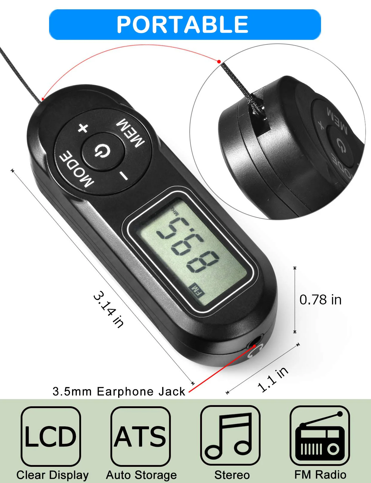 Portable Radio, ZHIWHIS FM Digital Tuner with Best Reception, Pocket Transistor Receiver with Stereo Sound, Battery Operated Walkmen with Scan and Preset Black - Image 3