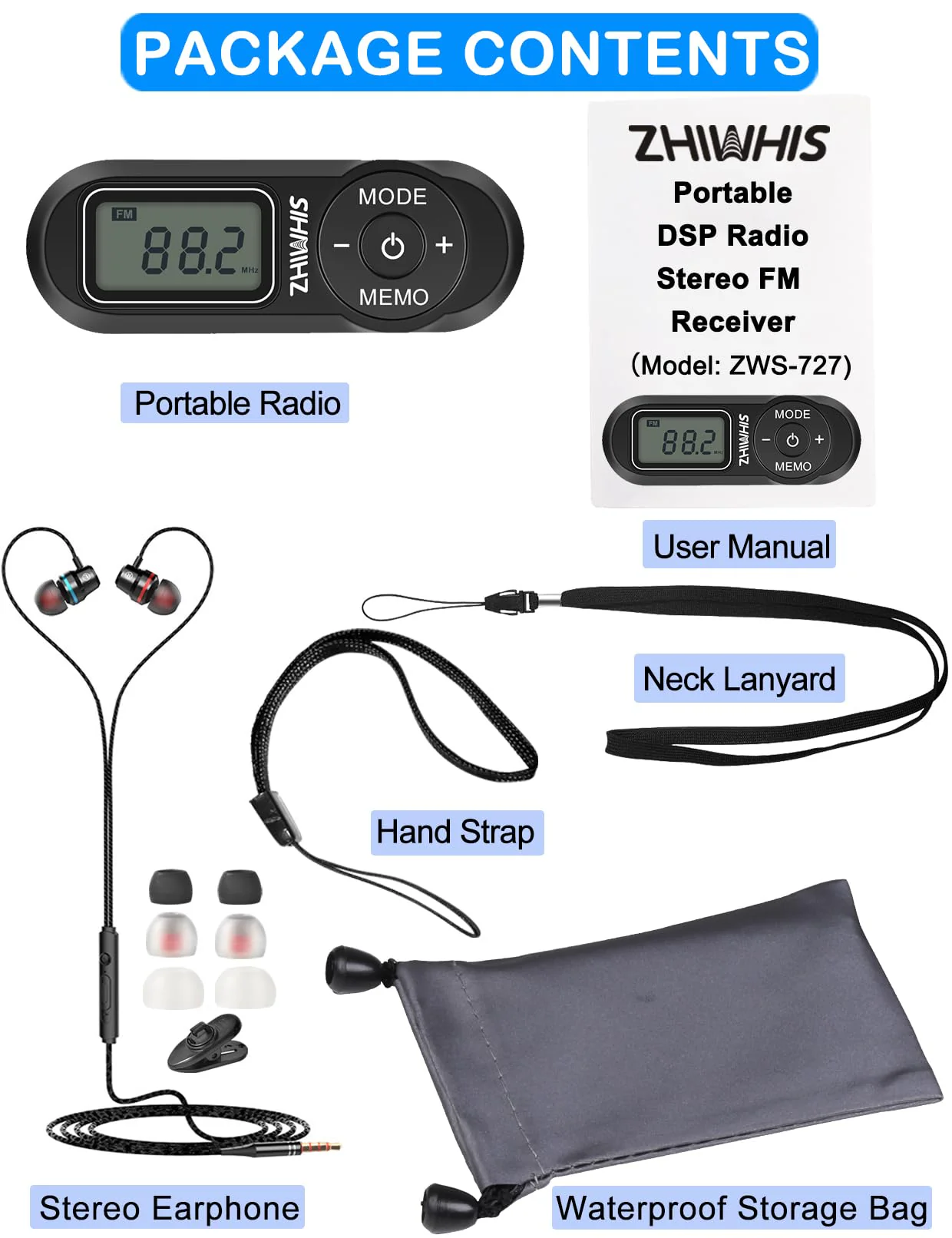 Portable Radio, ZHIWHIS FM Digital Tuner with Best Reception, Pocket Transistor Receiver with Stereo Sound, Battery Operated Walkmen with Scan and Preset Black - Image 7