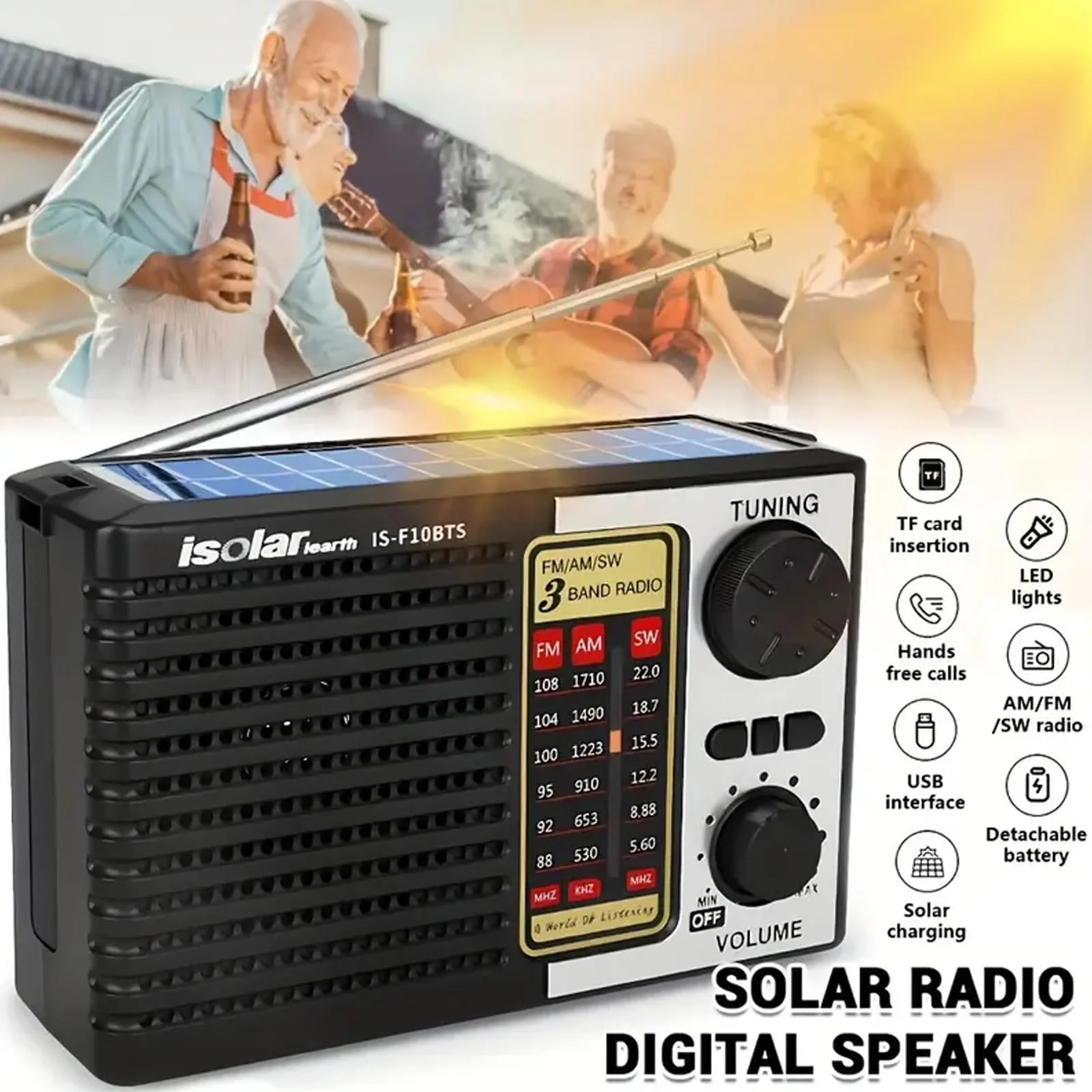 Portable Solar Radio, AM/FM/SW Bands, Digital Speaker with Strong Reception, LED Lights, USB Charging, Detachable Battery for Camping and Mountaineering Outdoor Camping Jogging - Image 2