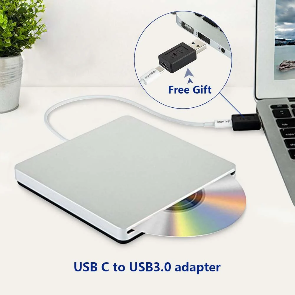 Portable USB‑C External CD/DVD Drive ‑ USB‑A Converter Included | Plug & Play for MacBook Pro/Air, Windows & Linux | CD/DVD Reader, Writer, Player & Burner - Image 4
