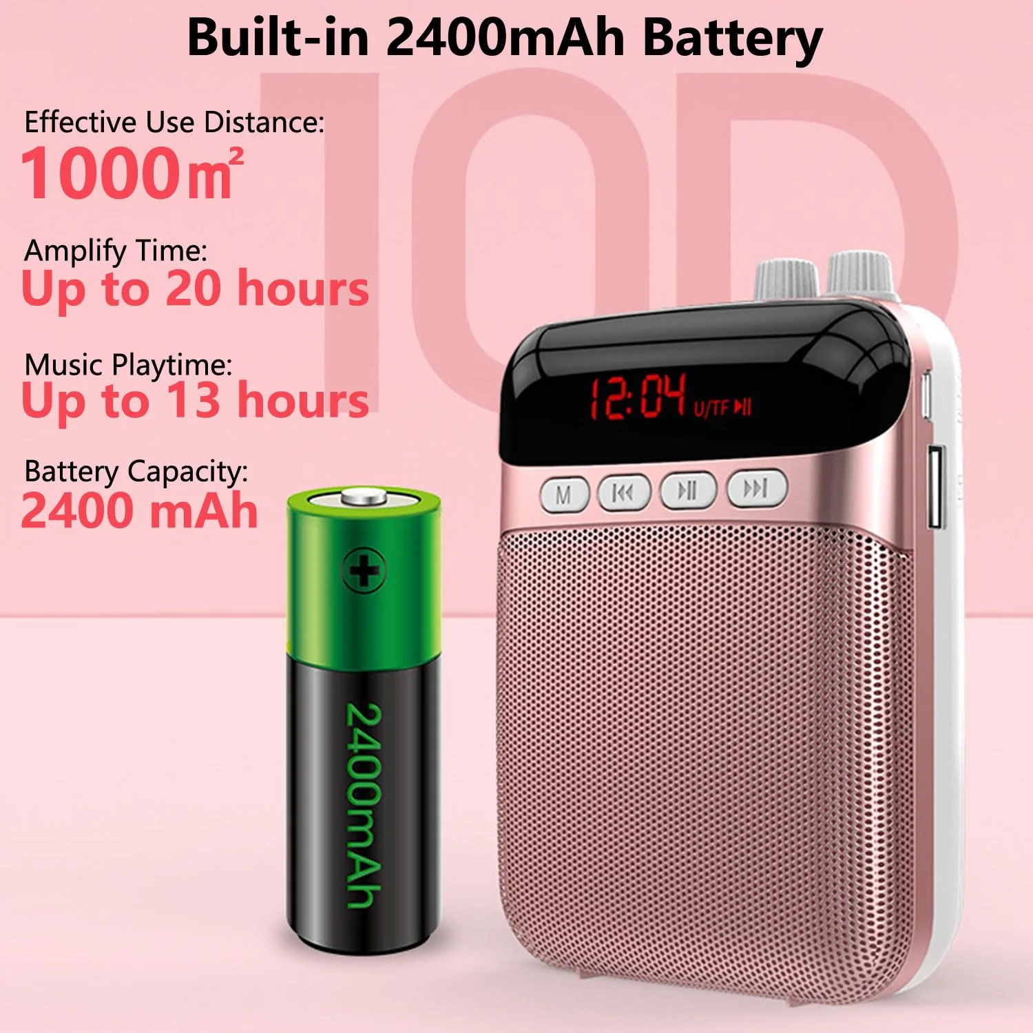 Portable Voice Amplifier for Teachers,2400mAh Personal Amplifier Headset for Speaking Rechargeable PA System Microphone for Teachers/Training/Meeting/Tour Guide/Yoga/Classroom(Rose) - Image 3