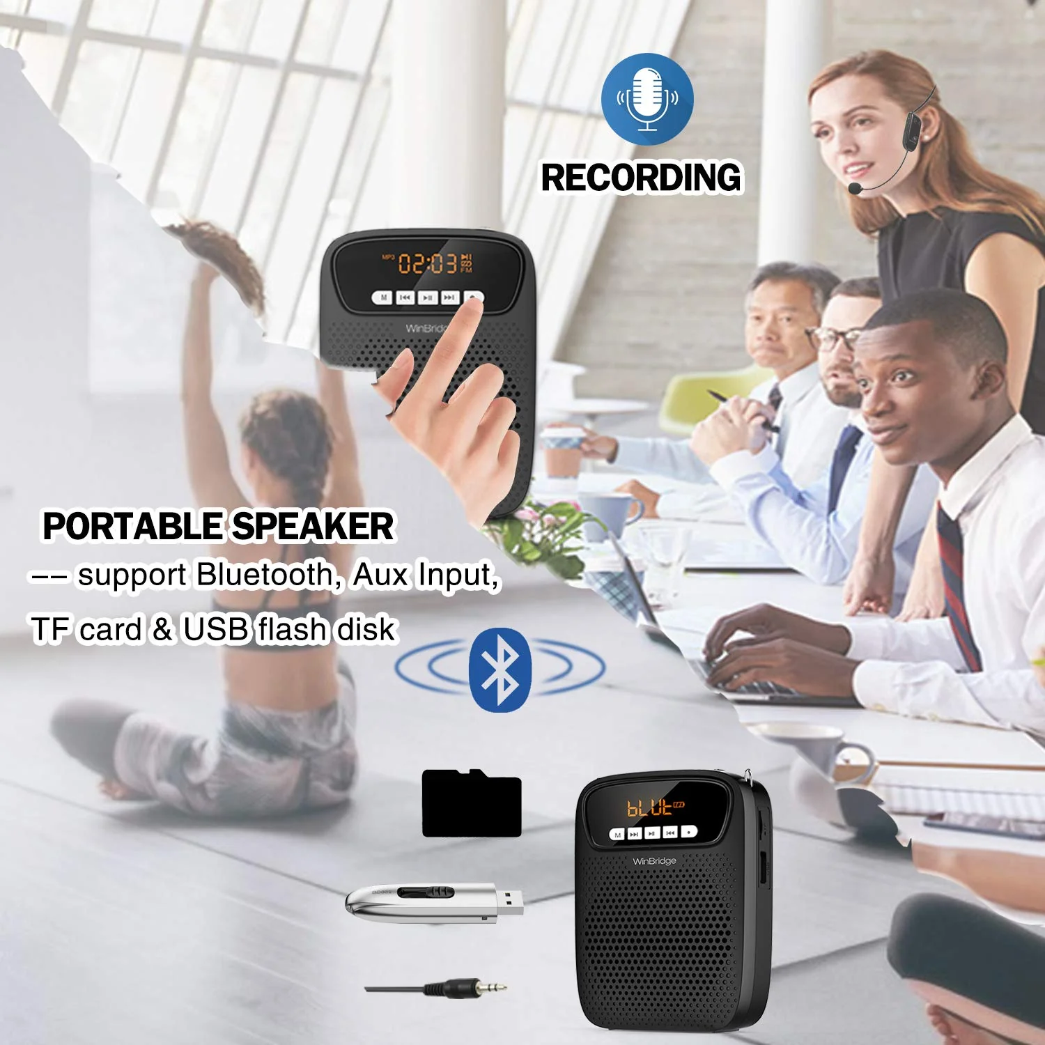 Portable Voice Amplifier Wireless & Wired Headset Microphone Speaker Mini Lightweight Personal Classroom Mic for Teachers Supports AUX Input,Bluetooth 5.0,Recording - S278UHF - Image 7
