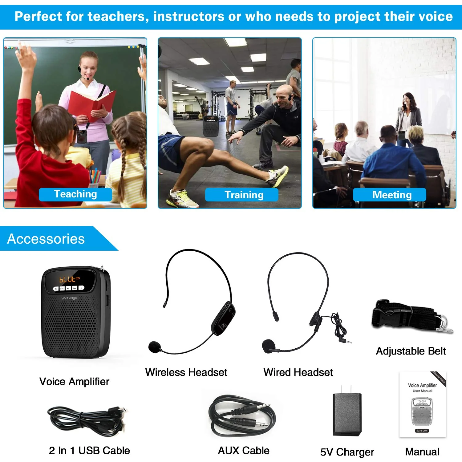 Portable Voice Amplifier Wireless & Wired Headset Microphone Speaker Mini Lightweight Personal Classroom Mic for Teachers Supports AUX Input,Bluetooth 5.0,Recording - S278UHF - Image 9