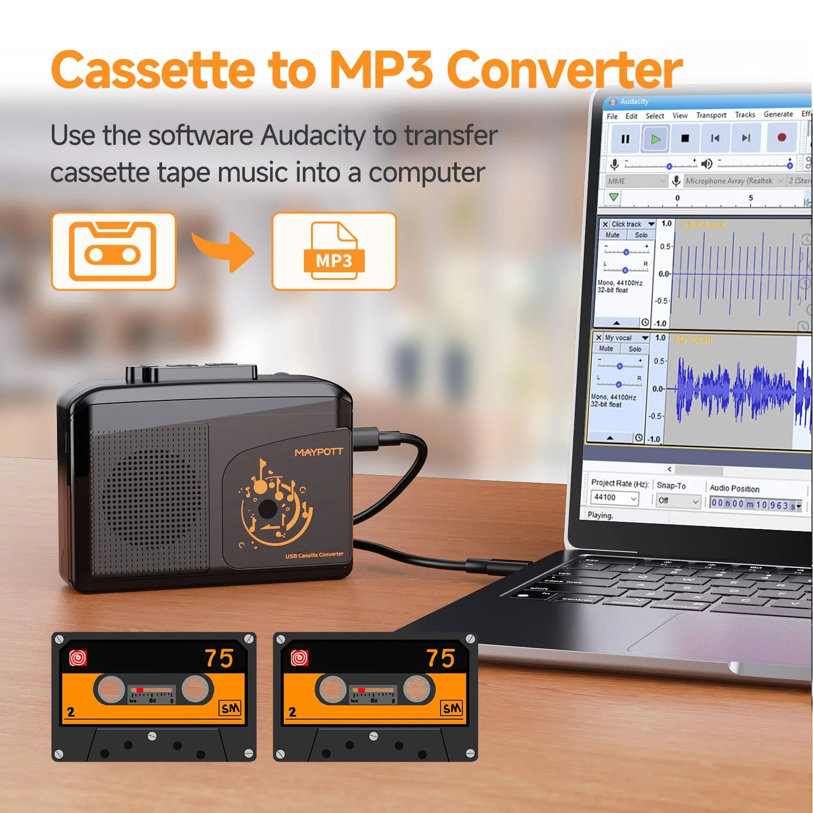 Portable Walkman Cassette Player Converter, Cassette to Digital Converter via USB, Compatible with PC/Laptops, Built-in Speaker&Headphone, Full Stereo Sound,Convert Walkman Tape to MP3/iPod Format - Image 4