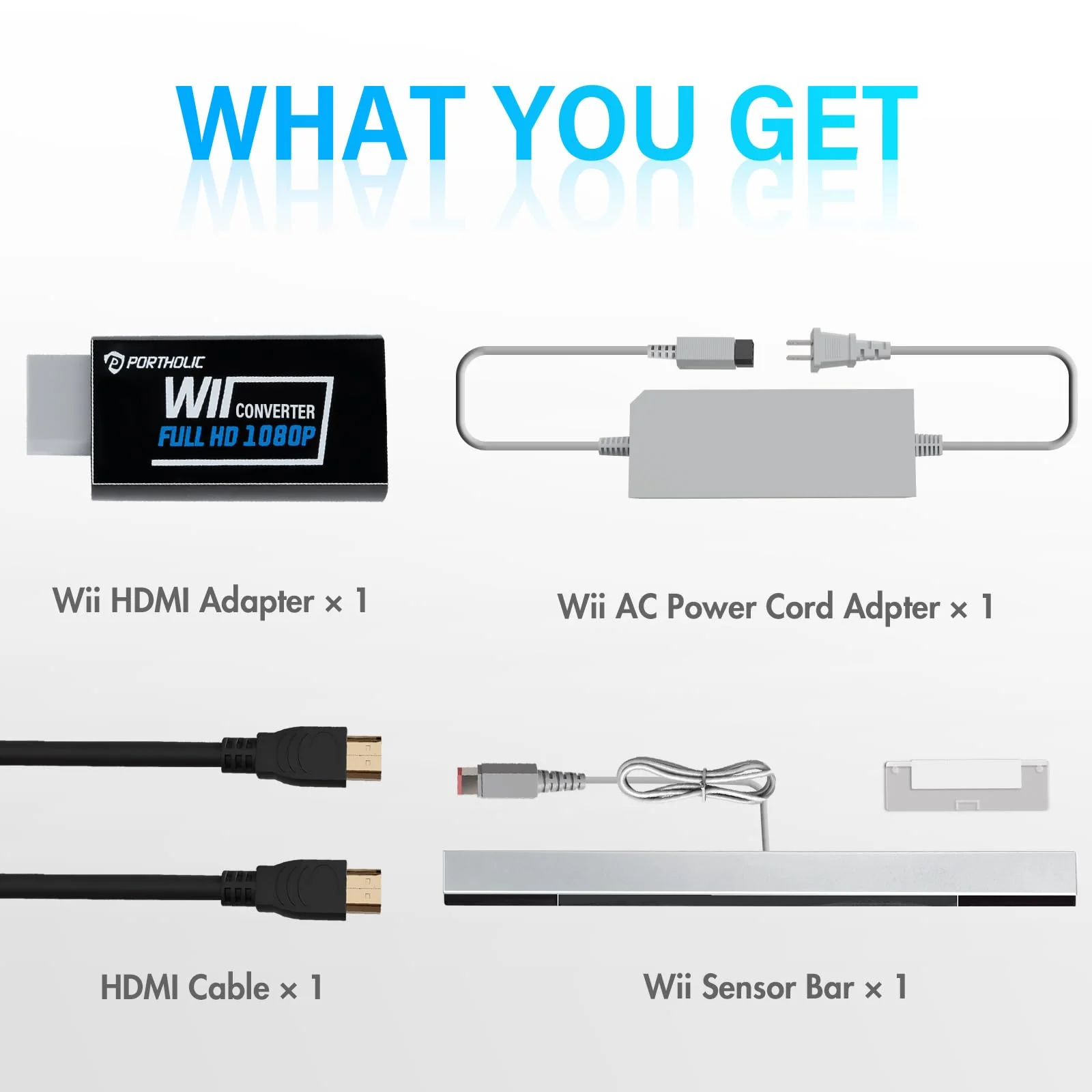 PORTHOLIC 4 in 1 Wii Replacement Cables Set, Wii AC Power Adapter + Wii to hdmi Converter+ Wired Motion Sensor Bar and Composite Audio Video Cable for Nintendo Wii Black - Image 2