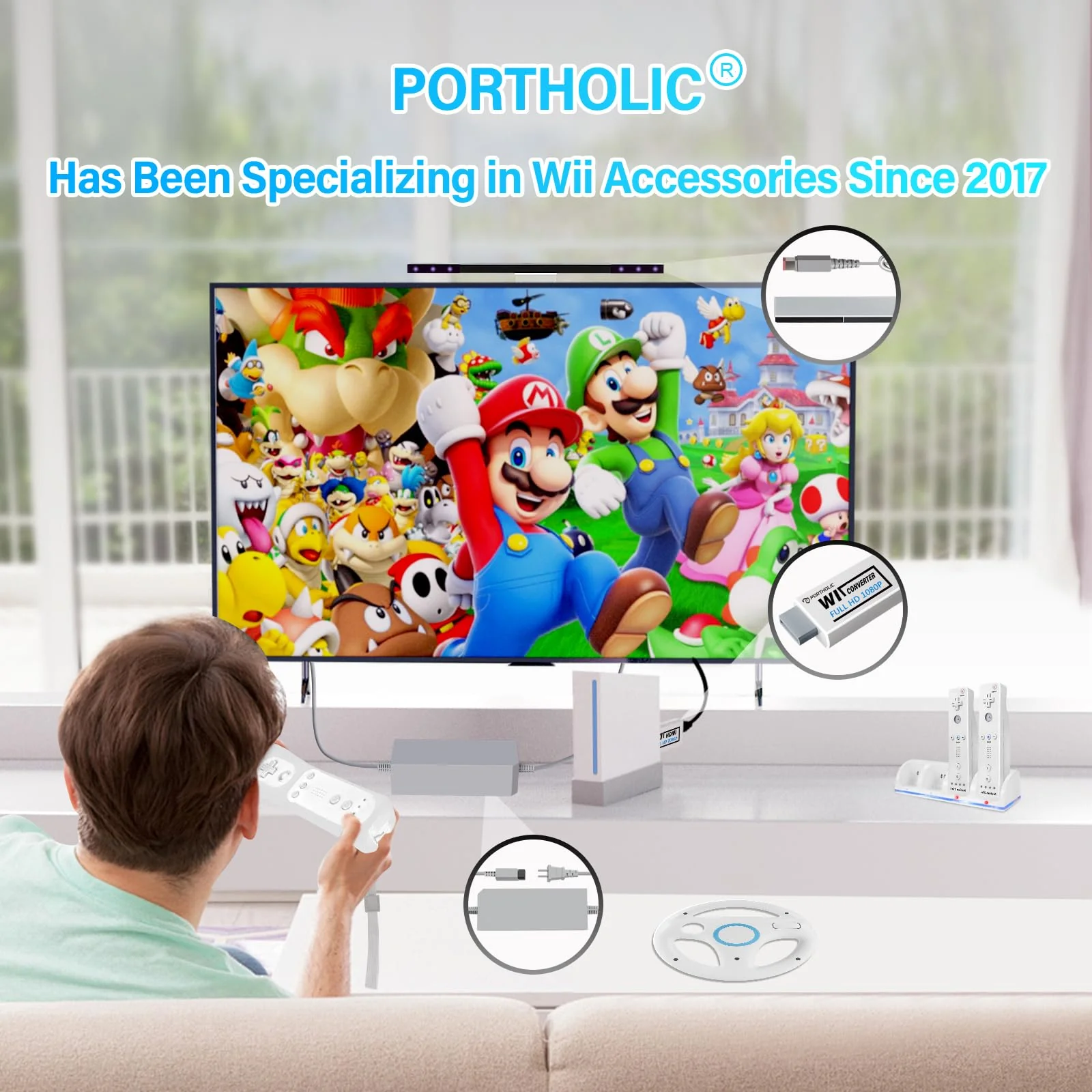 PORTHOLIC 4 in 1 Wii Replacement Cables Set, Wii AC Power Adapter + Wii to hdmi Converter+ Wired Motion Sensor Bar and Composite Audio Video Cable for Nintendo Wii Black - Image 3