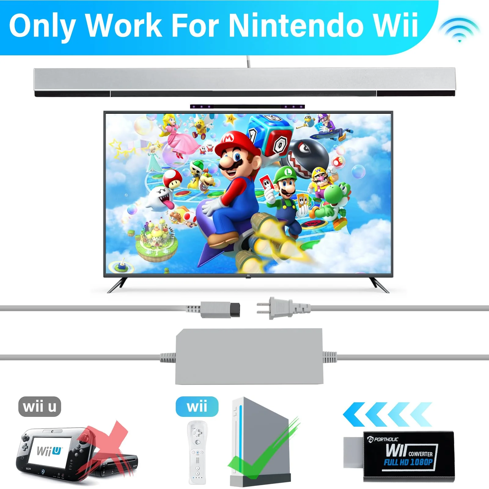 PORTHOLIC 4 in 1 Wii Replacement Cables Set, Wii AC Power Adapter + Wii to hdmi Converter+ Wired Motion Sensor Bar and Composite Audio Video Cable for Nintendo Wii Black - Image 6