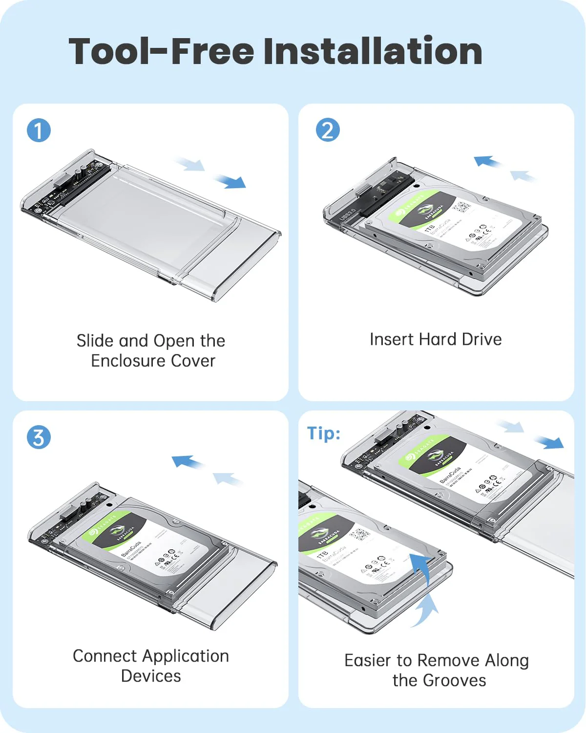 POSUGEAR 2.5'' External Hard Drive Enclosure, 6Gbps USB C 3.1 Gen 2 to SATA III Tool-Free Clear External Hard Drive Case for 7mm/9.5mm 2.5 inch SSD HDD with UASP Compatible with WD Toshiba Samsung PS4 CLEAR-USB3.1 - Image 2