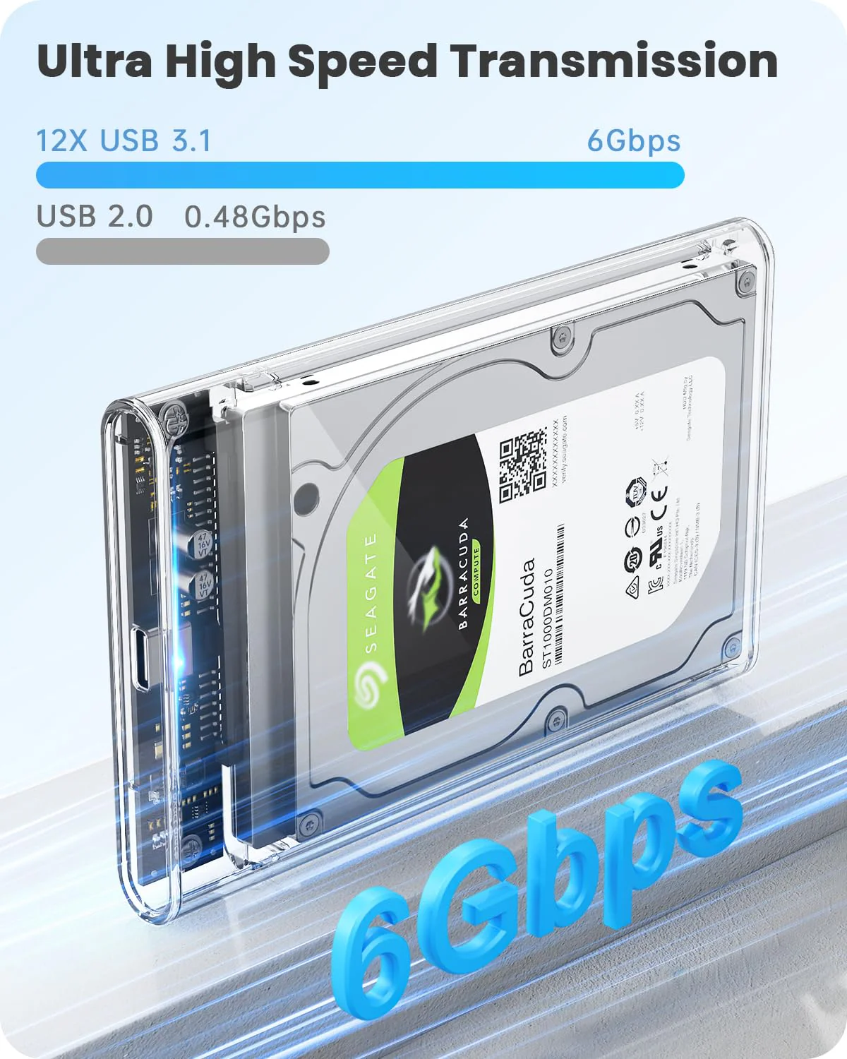 POSUGEAR 2.5'' External Hard Drive Enclosure, 6Gbps USB C 3.1 Gen 2 to SATA III Tool-Free Clear External Hard Drive Case for 7mm/9.5mm 2.5 inch SSD HDD with UASP Compatible with WD Toshiba Samsung PS4 CLEAR-USB3.1 - Image 3