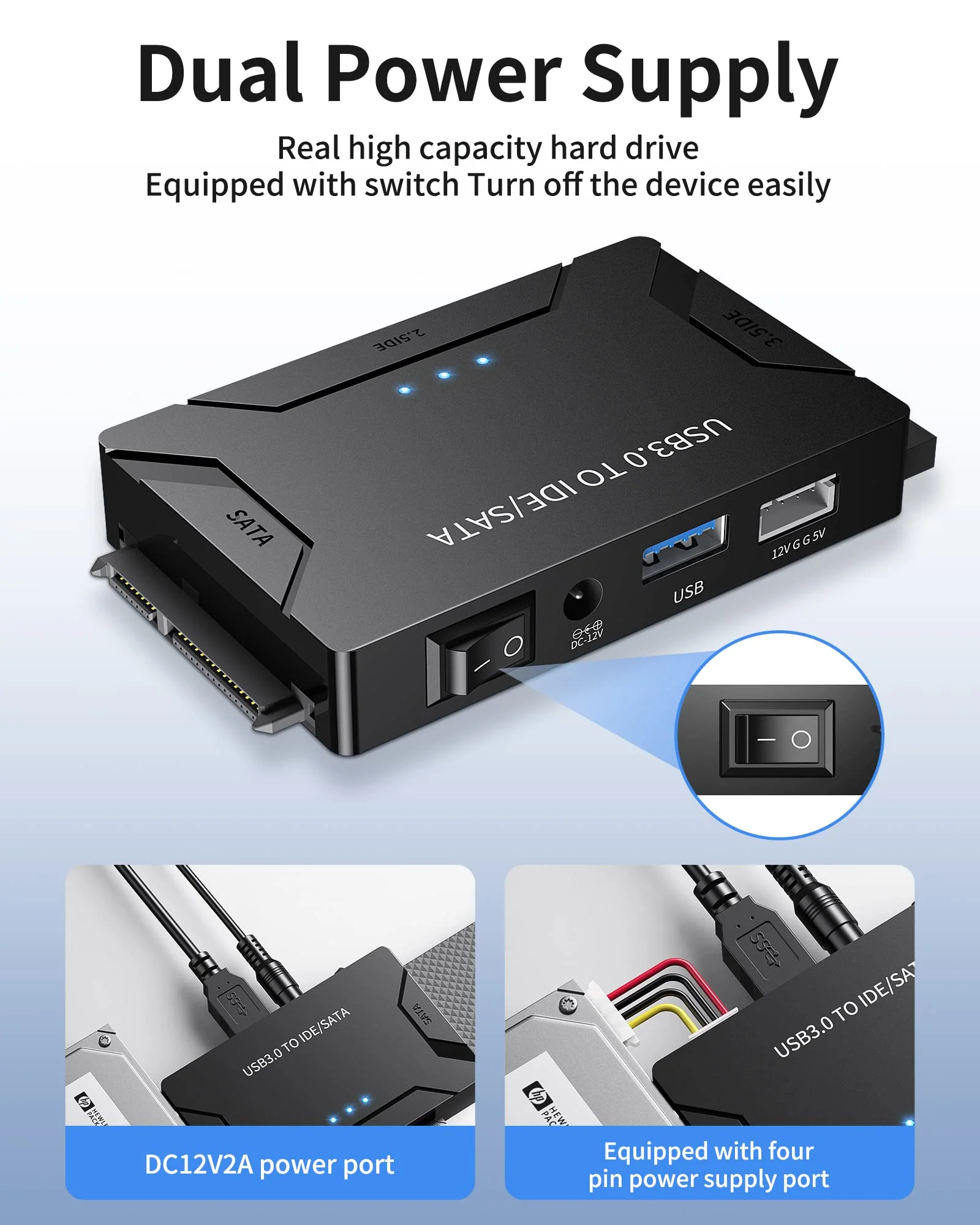 POSUGEAR USB 3.0 to IDE and SATA Adapter, External Hard Drive Reader Ultra Recovery Converter for Universal 2.5"/3.5" Inch HDD/SSD Hard Drive Disk, Hard Drive Adapter Included 12V/2A Power Adapter YYT-1 - Image 5
