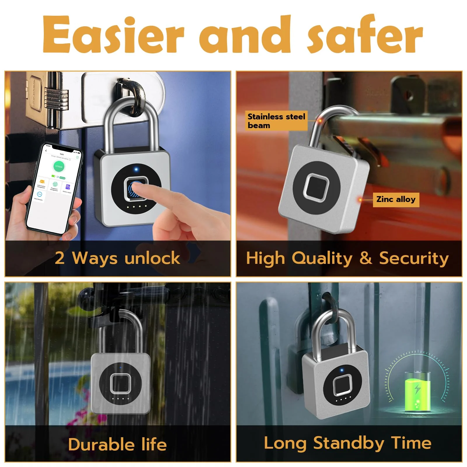 Pothunder Fingerprint Padlock, Fingerprint Lock with APP, Padlock with Keyless Biometric, Smart Padlock Waterproof Suitable for Gym, Locker, Gates, Fence and Storage Silver - Image 4
