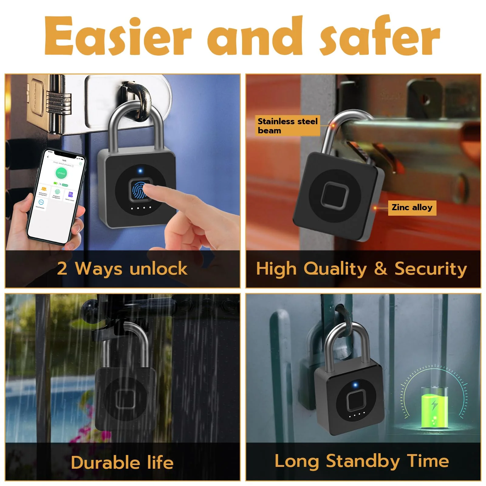 Pothunder Fingerprint Padlock, Fingerprint Lock with APP, Padlock with Steel Cable Keyless Biometric, Smart Padlock Waterproof Suitable for Gym, Locker, Helmet, Gate, Fence, Luggage Black with Cable - Image 5