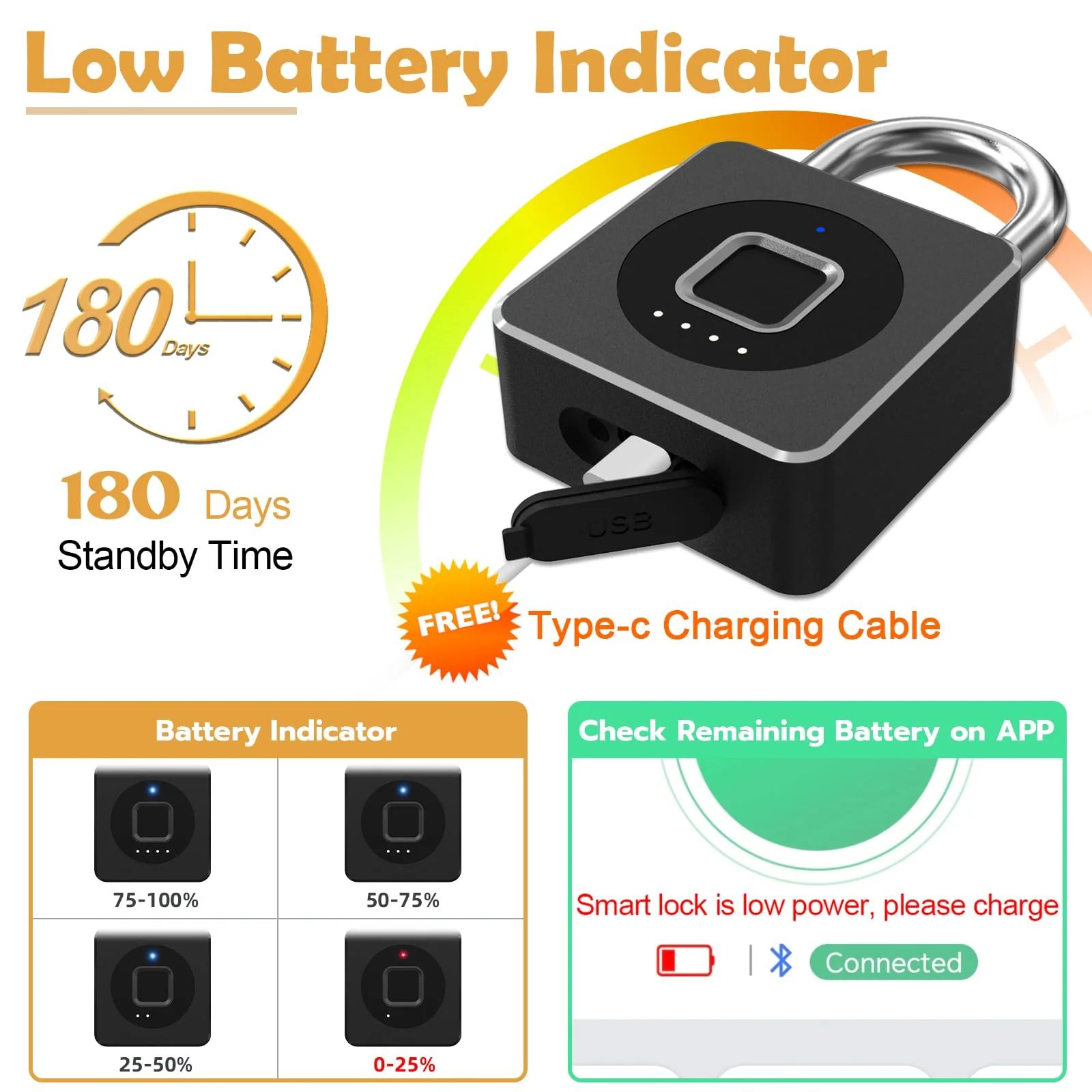 Pothunder Fingerprint Padlock, Fingerprint Lock with APP, Padlock with Steel Cable Keyless Biometric, Smart Padlock Waterproof Suitable for Gym, Locker, Helmet, Gate, Fence, Luggage Black with Cable - Image 6
