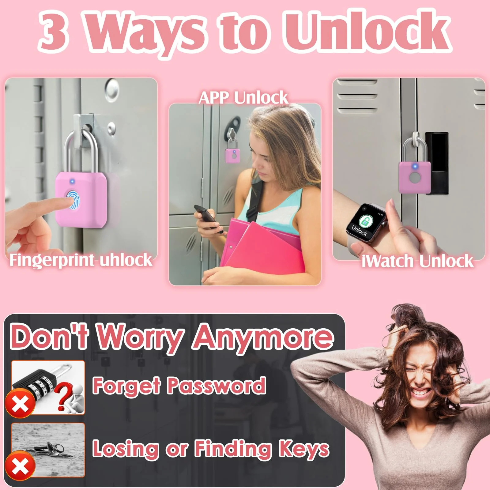 Pothunder Fingerprint Padlock, Locker Lock, Combination Lock, Fingerprint Lock with APP Unlock, USB Rechargeable, Suitable for Gym Locker, Door, Locker Rosebud Pink - Image 2