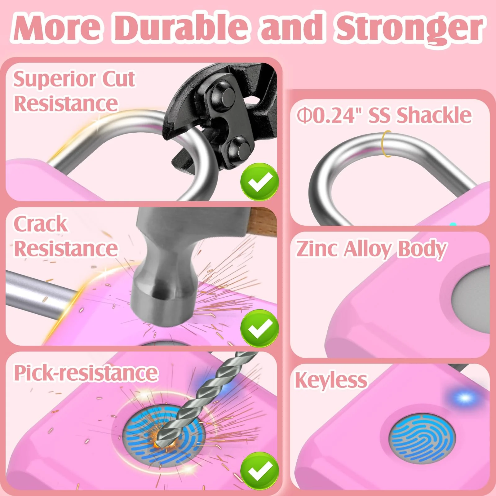 Pothunder Fingerprint Padlock, Locker Lock, Combination Lock, Fingerprint Lock with APP Unlock, USB Rechargeable, Suitable for Gym Locker, Door, Locker Rosebud Pink - Image 4