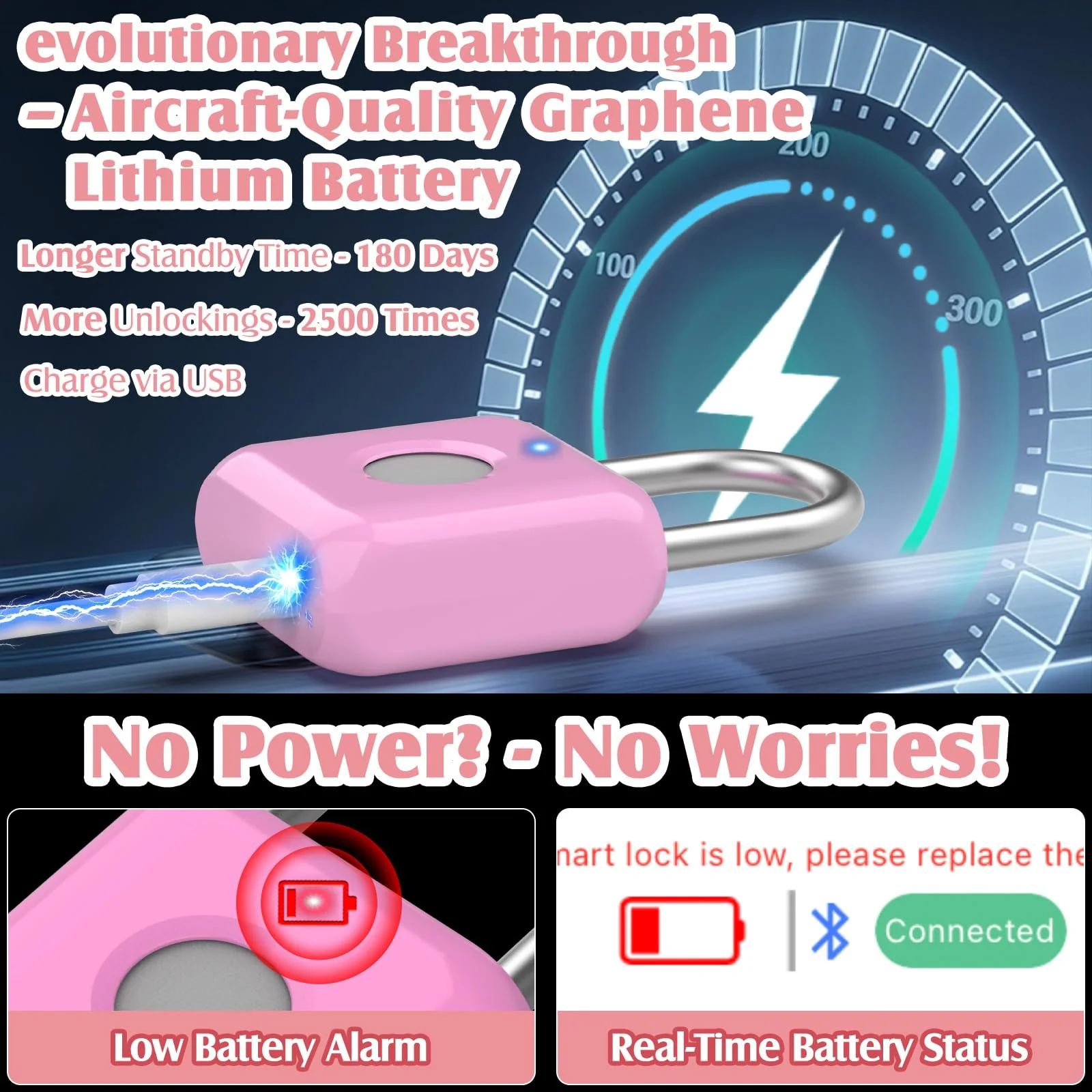 Pothunder Fingerprint Padlock, Locker Lock, Combination Lock, Fingerprint Lock with APP Unlock, USB Rechargeable, Suitable for Gym Locker, Door, Locker Rosebud Pink - Image 5