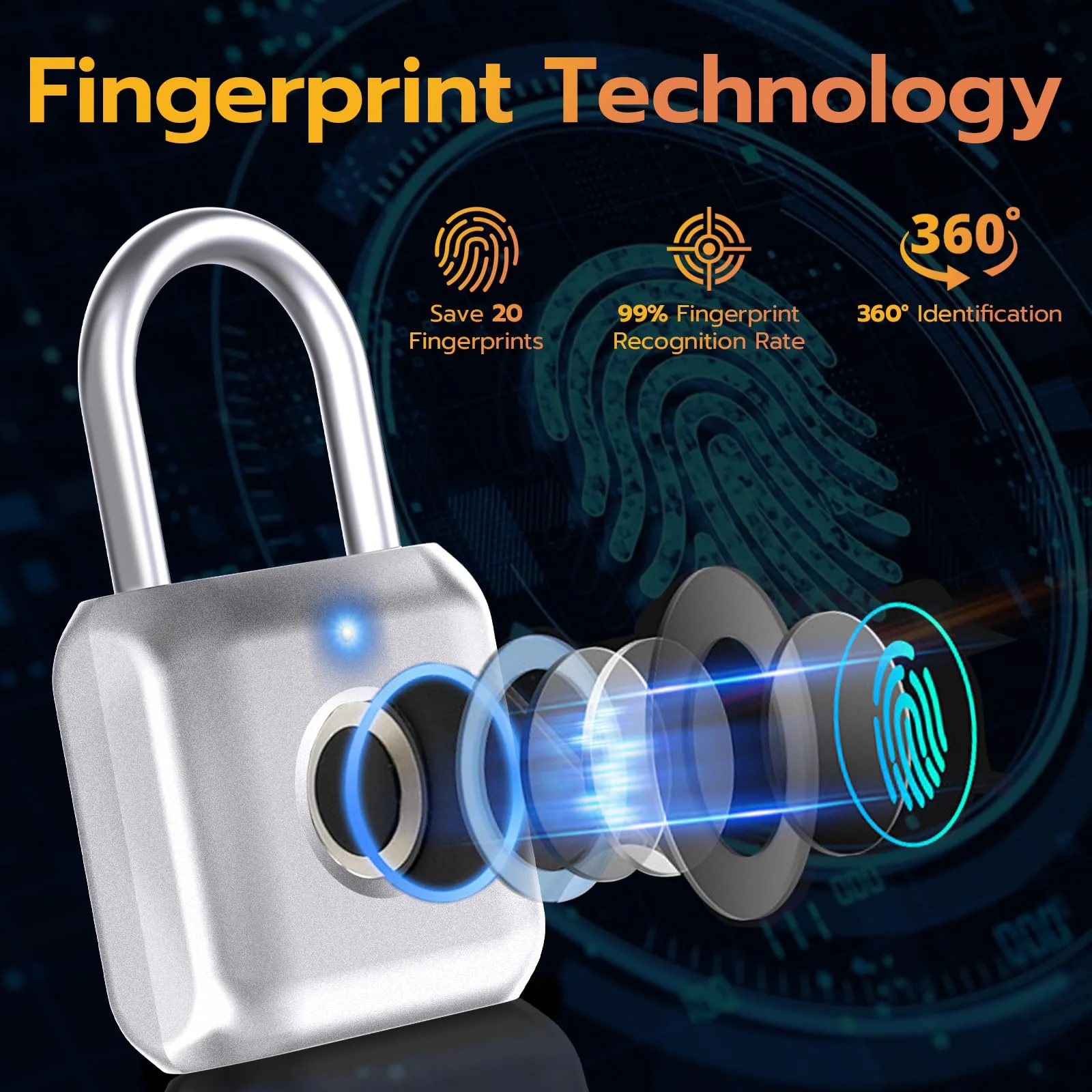 Pothunder Fingerprint Padlock, Smart Padlock, Locker Lock, Biometric Metal Keyless Fingerprint Lock, USB Rechargeable, for Gym Locker, Locker, Luggage, Backpack(Silver) Silver - Image 3