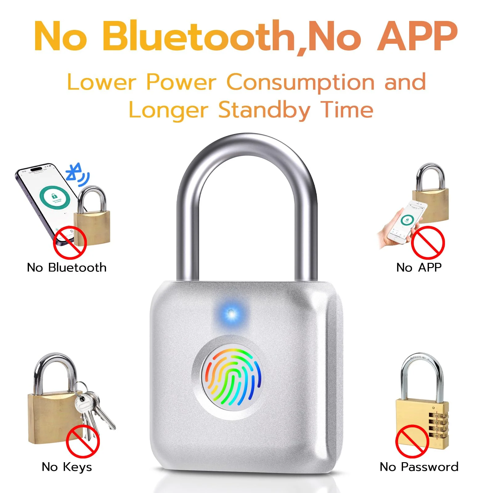 Pothunder Fingerprint Padlock, Smart Padlock, Locker Lock, Biometric Metal Keyless Fingerprint Lock, USB Rechargeable, for Gym Locker, Locker, Luggage, Backpack(Silver) Silver - Image 4