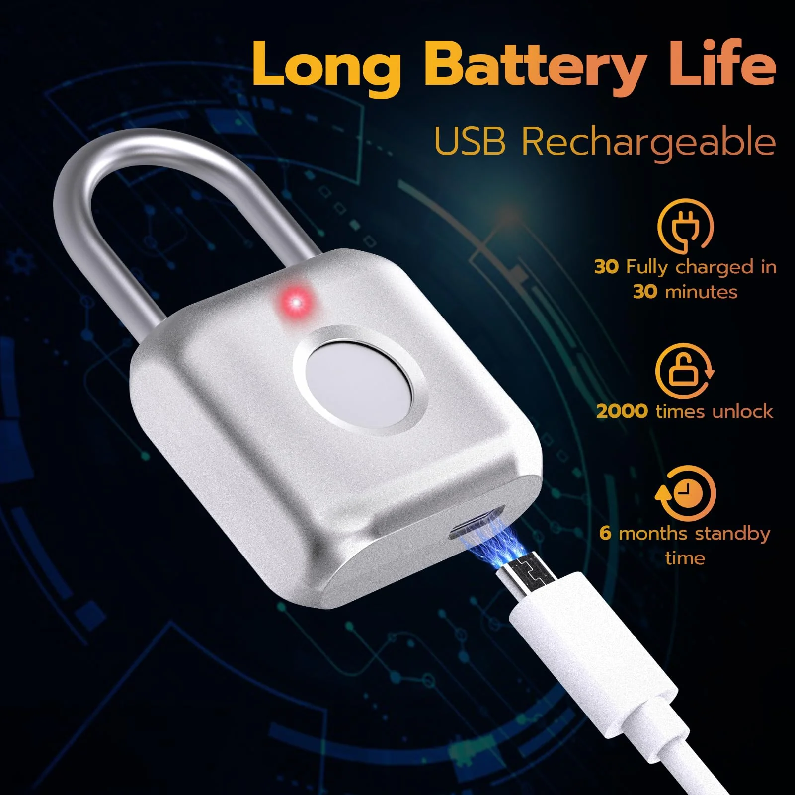 Pothunder Fingerprint Padlock, Smart Padlock, Locker Lock, Biometric Metal Keyless Fingerprint Lock, USB Rechargeable, for Gym Locker, Locker, Luggage, Backpack(Silver) Silver - Image 5