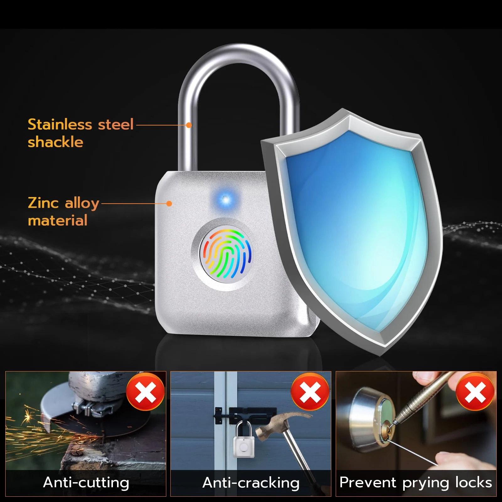 Pothunder Fingerprint Padlock, Smart Padlock, Locker Lock, Biometric Metal Keyless Fingerprint Lock, USB Rechargeable, for Gym Locker, Locker, Luggage, Backpack(Silver) Silver - Image 7