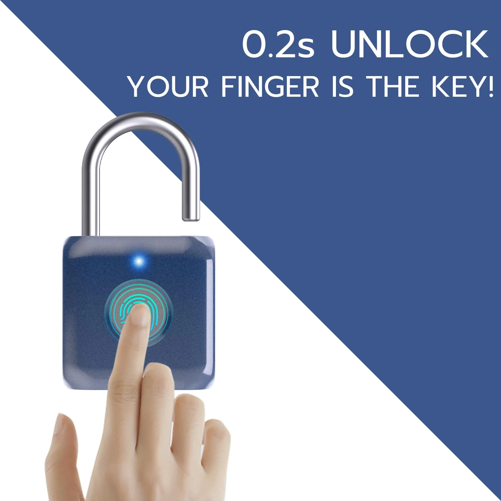 Pothunder Fingerprint Padlock, Smart Padlock, Locker Lock, Biometric Metal Keyless Fingerprint Lock, USB Rechargeable, for Gym Locker, Luggage, Backpack(Blue) Blue - Image 2