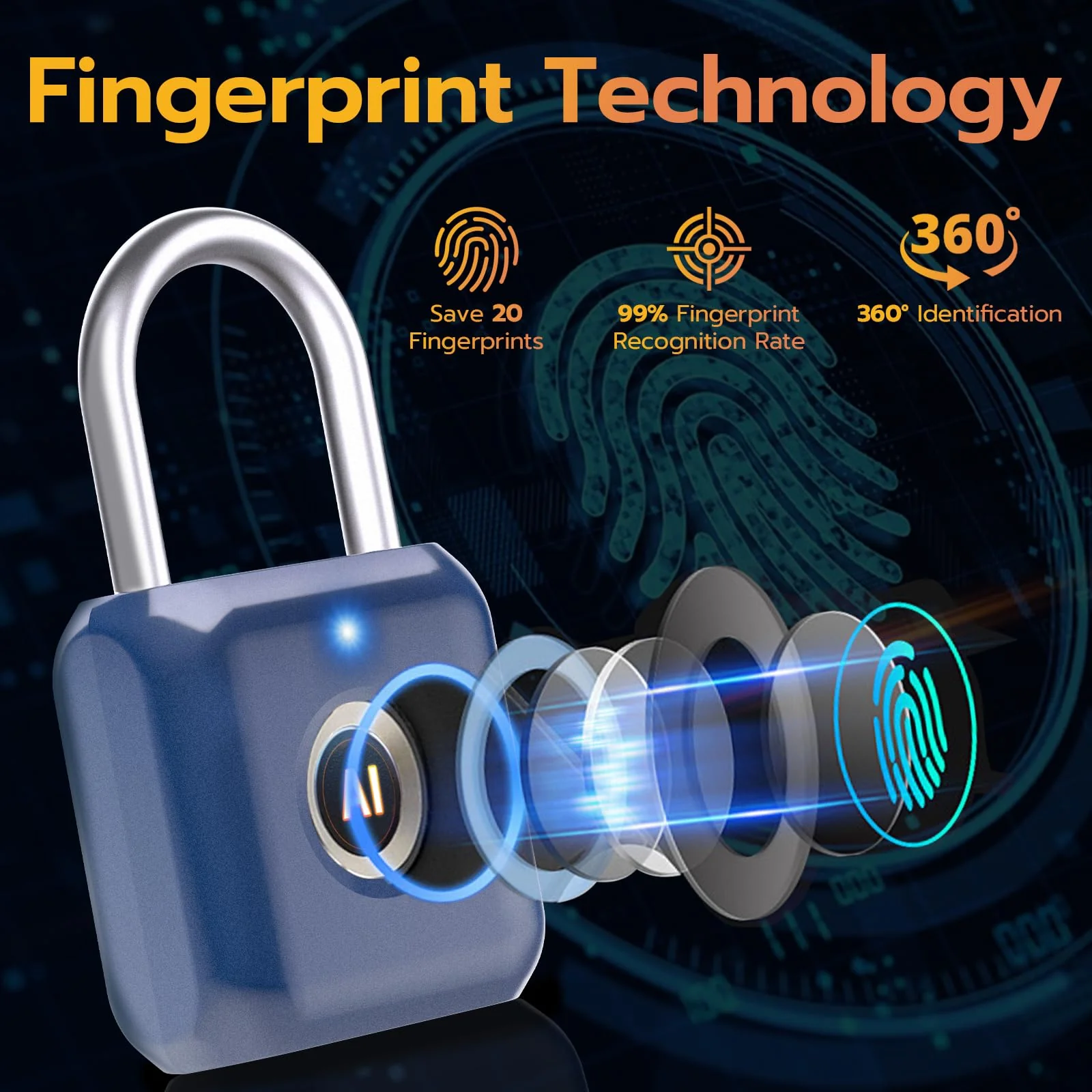 Pothunder Fingerprint Padlock, Smart Padlock, Locker Lock, Biometric Metal Keyless Fingerprint Lock, USB Rechargeable, for Gym Locker, Luggage, Backpack(Blue) Blue - Image 3