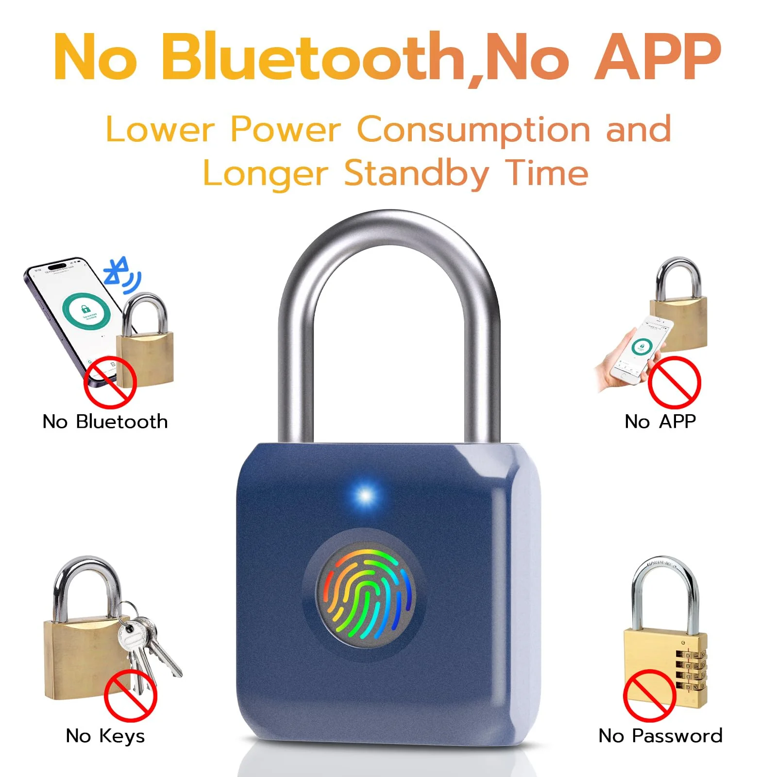 Pothunder Fingerprint Padlock, Smart Padlock, Locker Lock, Biometric Metal Keyless Fingerprint Lock, USB Rechargeable, for Gym Locker, Luggage, Backpack(Blue) Blue - Image 4