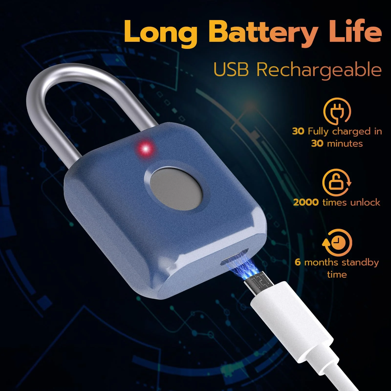Pothunder Fingerprint Padlock, Smart Padlock, Locker Lock, Biometric Metal Keyless Fingerprint Lock, USB Rechargeable, for Gym Locker, Luggage, Backpack(Blue) Blue - Image 5