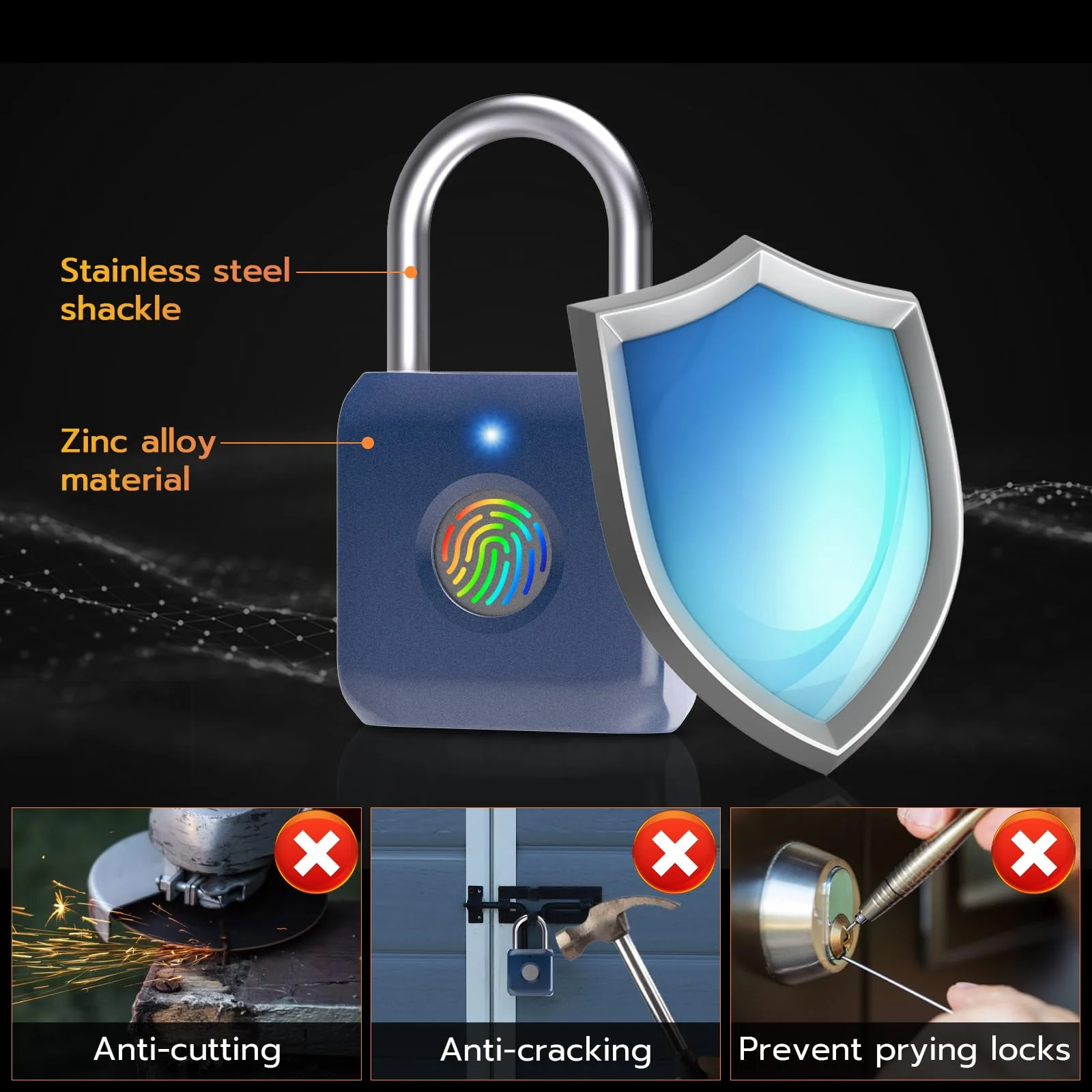 Pothunder Fingerprint Padlock, Smart Padlock, Locker Lock, Biometric Metal Keyless Fingerprint Lock, USB Rechargeable, for Gym Locker, Luggage, Backpack(Blue) Blue - Image 7