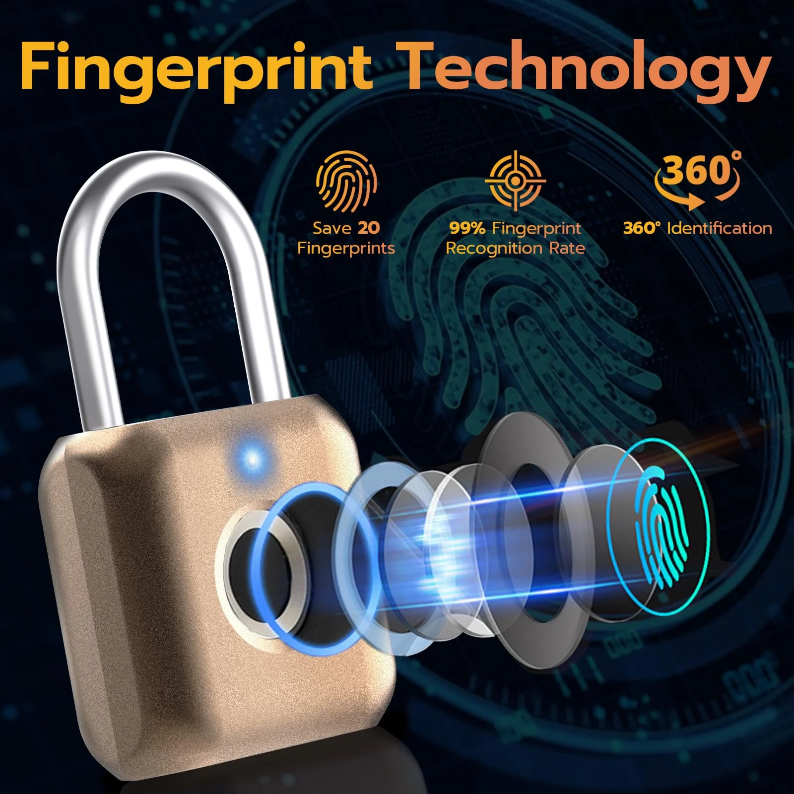 Pothunder Fingerprint Padlock, Smart Padlock, Locker Lock, Biometric Metal Keyless Fingerprint Lock, USB Rechargeable, for Gym Locker, Luggage, Backpack(Placer Gold) Placer Gold - Image 3