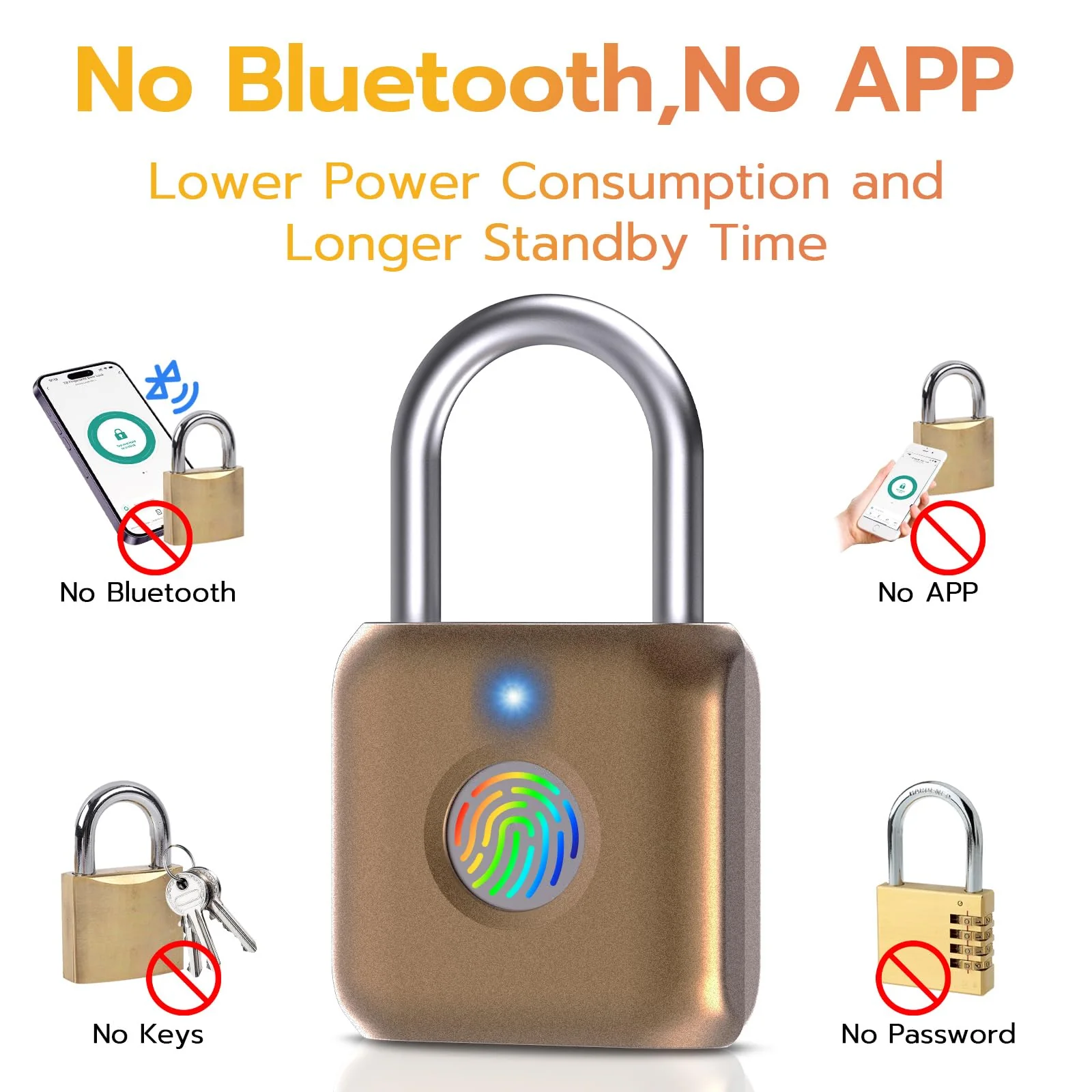 Pothunder Fingerprint Padlock, Smart Padlock, Locker Lock, Biometric Metal Keyless Fingerprint Lock, USB Rechargeable, for Gym Locker, Luggage, Backpack(Placer Gold) Placer Gold - Image 4