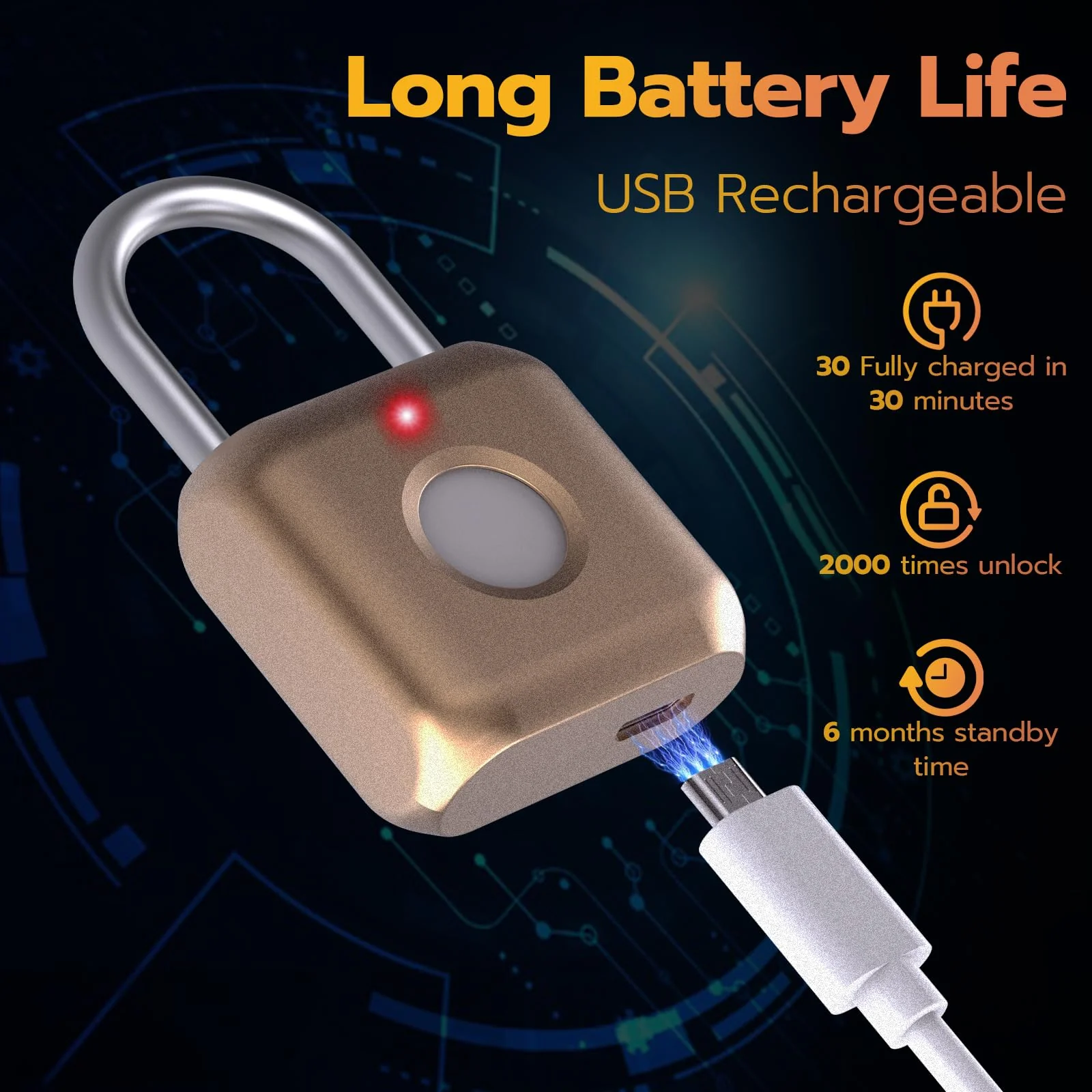 Pothunder Fingerprint Padlock, Smart Padlock, Locker Lock, Biometric Metal Keyless Fingerprint Lock, USB Rechargeable, for Gym Locker, Luggage, Backpack(Placer Gold) Placer Gold - Image 5