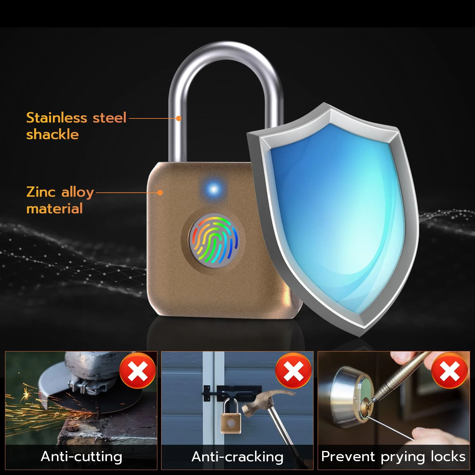 Pothunder Fingerprint Padlock, Smart Padlock, Locker Lock, Biometric Metal Keyless Fingerprint Lock, USB Rechargeable, for Gym Locker, Luggage, Backpack(Placer Gold) Placer Gold - Image 7