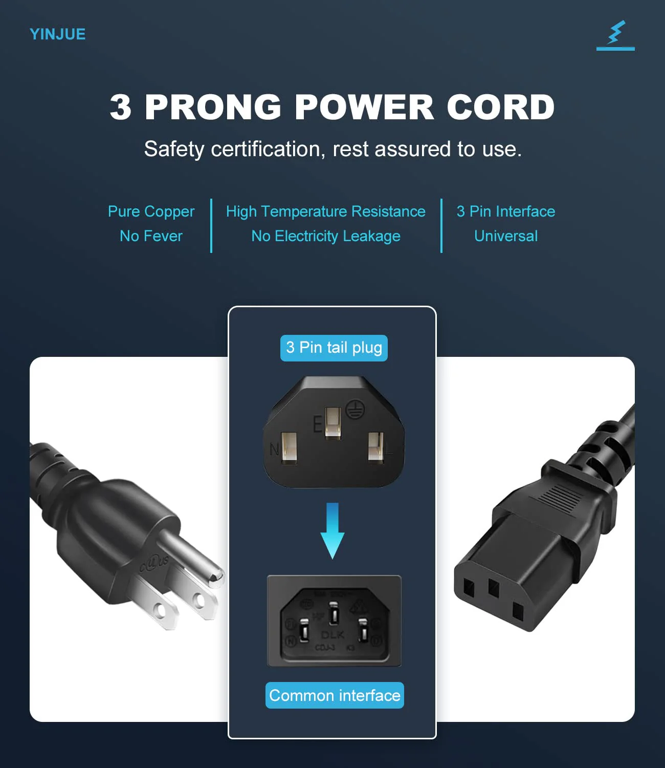 Power Cord Cable for Amplifier Musical Peavey Vox Guitar Amp PC AC Amplifiers, 18 AWG Universal 3 Prong Replacement AC Power Cord Cable 6FT 6 Feet - Image 2