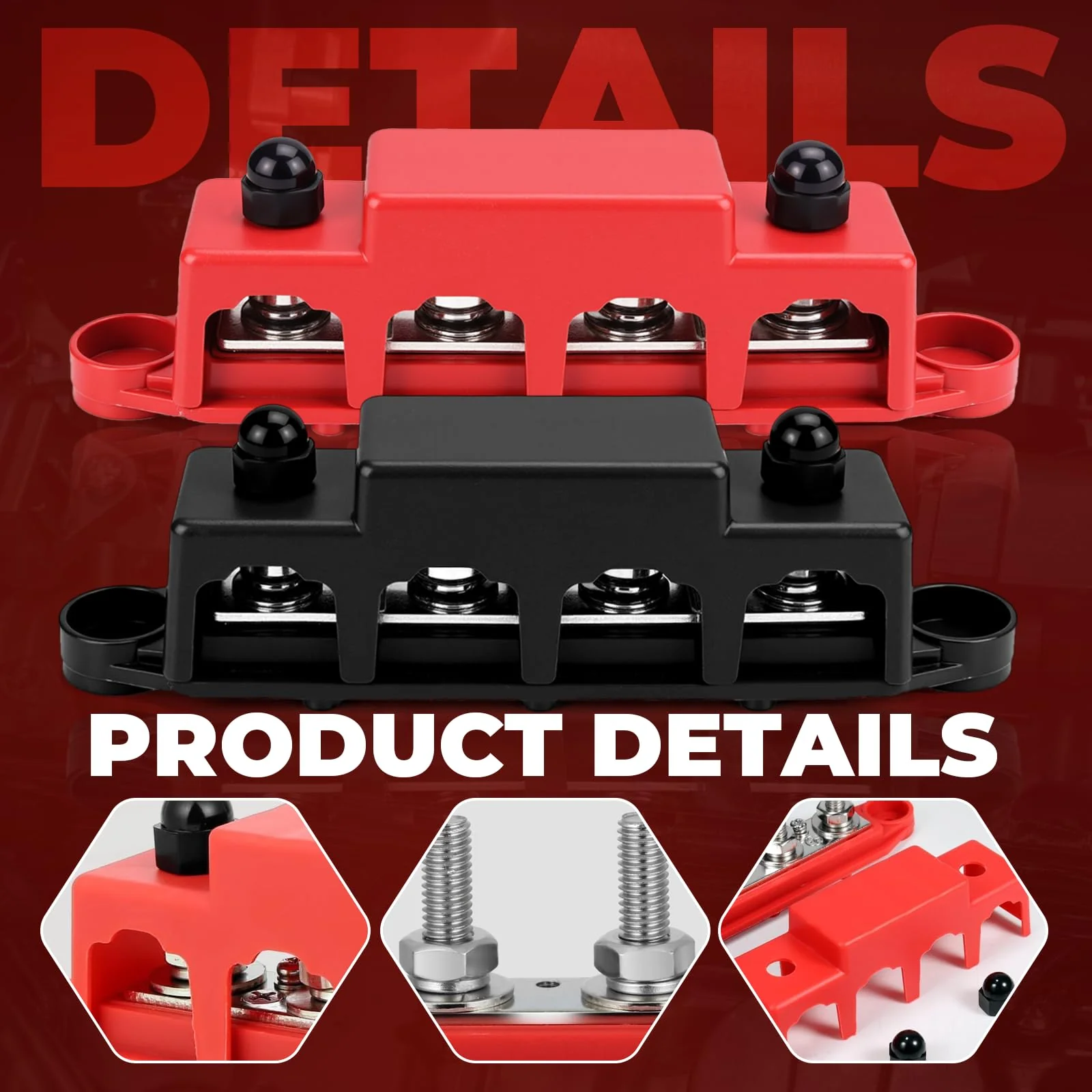 Power Distributor Busbar Block, 12V-48V DC, 250A, 4M8 Terminal Bolts, Pack of 2, Black/Red (A-Black and Red) A-Black and Red - Image 4