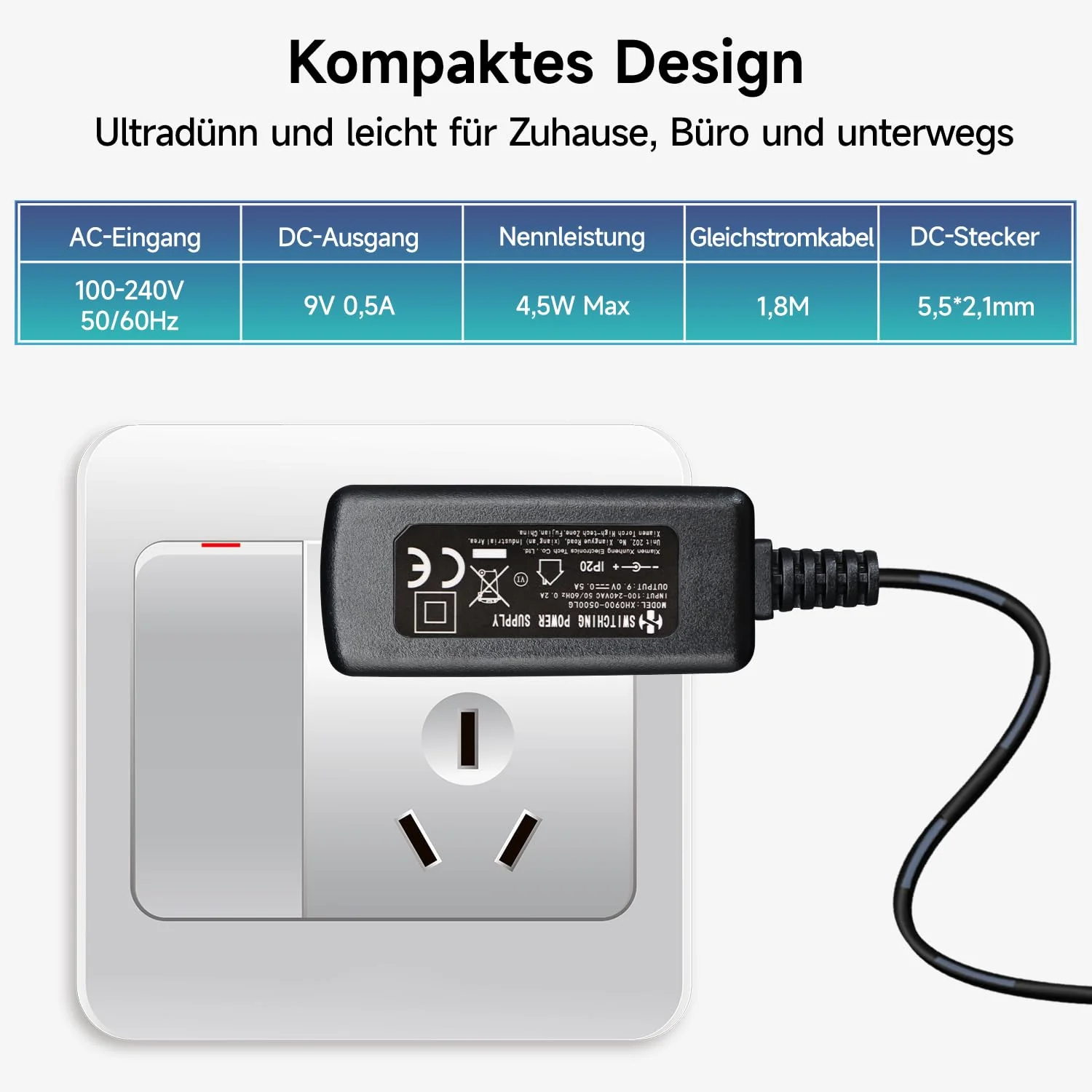 Power Supply Adapter 9V 0.5A 4.5W 1.8M AC DC Switching Adapter (Input 100-240V, Output 9V 0.5A) DC 9V 5.5x2.1mm Wall Mount Transformer Plug 9V0,5A - Image 6