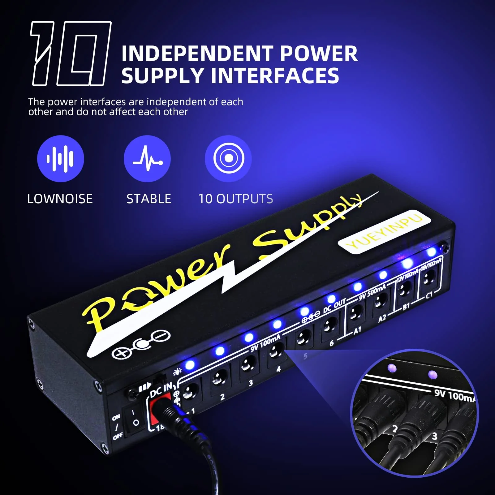 Power Supply for Guitar Effect Pedals 10 Isolated DC Output 9V/12V/18V for Effect Pedal with Separate Short-Circuit Protection - Image 2