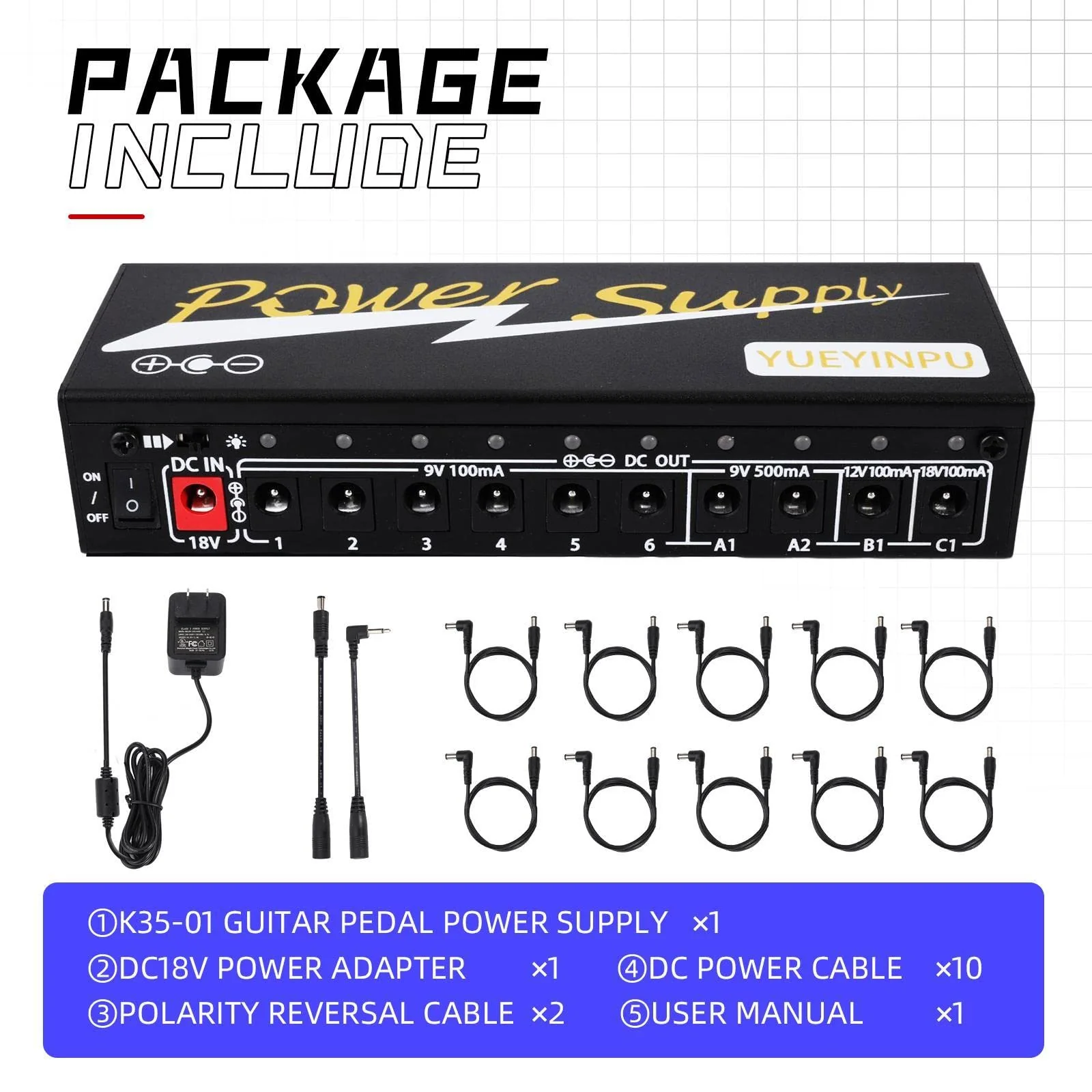 Power Supply for Guitar Effect Pedals 10 Isolated DC Output 9V/12V/18V for Effect Pedal with Separate Short-Circuit Protection - Image 8