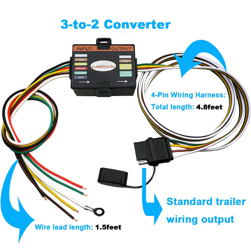 Powered 3-to-2-Wire Trailer Tail Light Converter with 1.5ft Leads and 4.8ft 4-Way Wiring Harness Connector - LED Compatible - Image 6