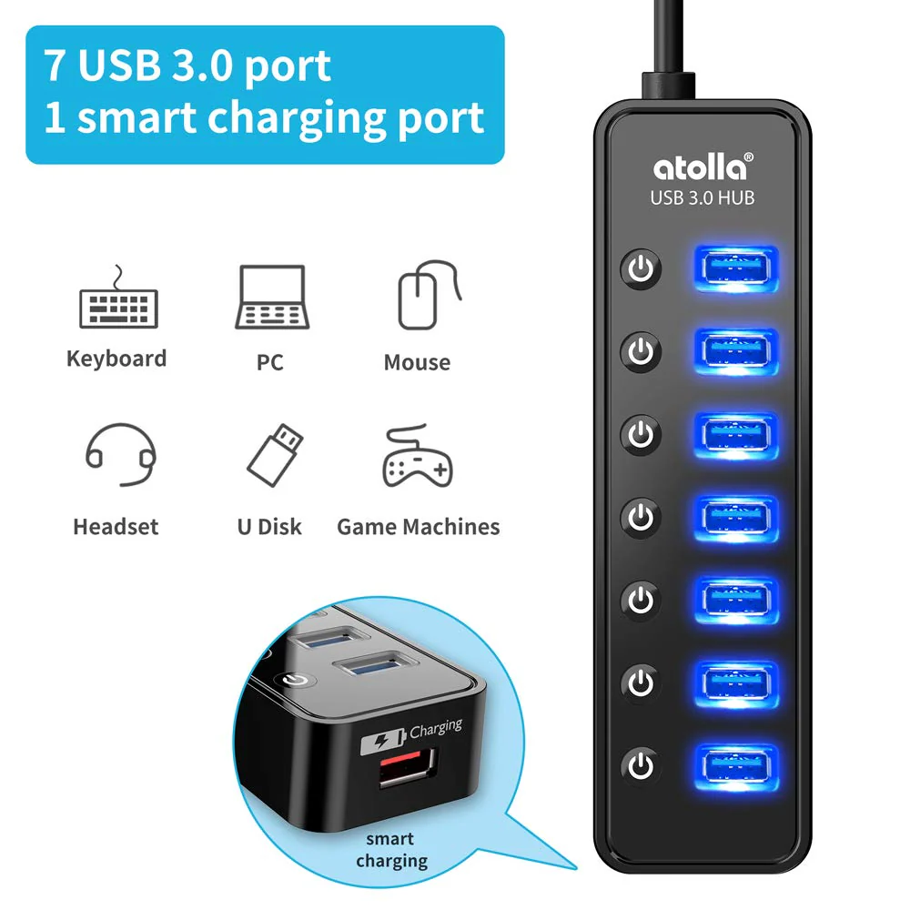 Powered USB Hub 3.0, Atolla 7-Port USB Data Hub Splitter with One Smart Charging Port and Individual On/Off Switches and 5V/4A Power Adapter USB Extension for MacBook, Mac Pro/Mini and More. - Image 2