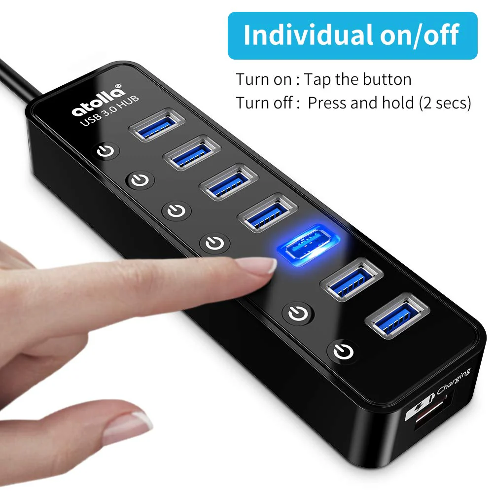 Powered USB Hub 3.0, Atolla 7-Port USB Data Hub Splitter with One Smart Charging Port and Individual On/Off Switches and 5V/4A Power Adapter USB Extension for MacBook, Mac Pro/Mini and More. - Image 3