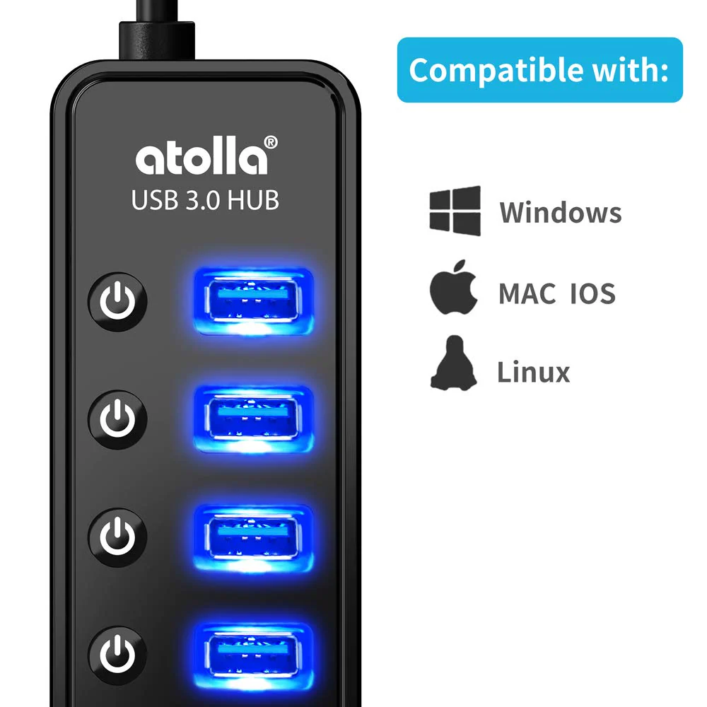 Powered USB Hub 3.0, Atolla 7-Port USB Data Hub Splitter with One Smart Charging Port and Individual On/Off Switches and 5V/4A Power Adapter USB Extension for MacBook, Mac Pro/Mini and More. - Image 4