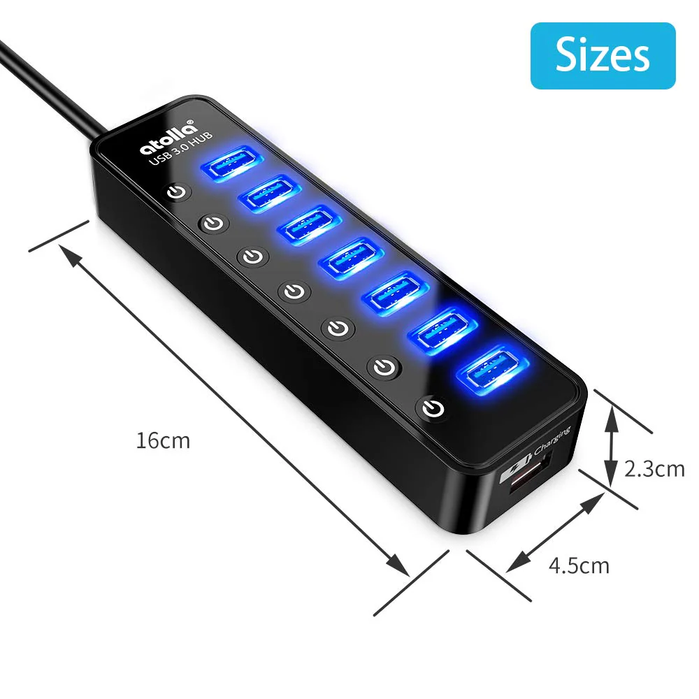 Powered USB Hub 3.0, Atolla 7-Port USB Data Hub Splitter with One Smart Charging Port and Individual On/Off Switches and 5V/4A Power Adapter USB Extension for MacBook, Mac Pro/Mini and More. - Image 6