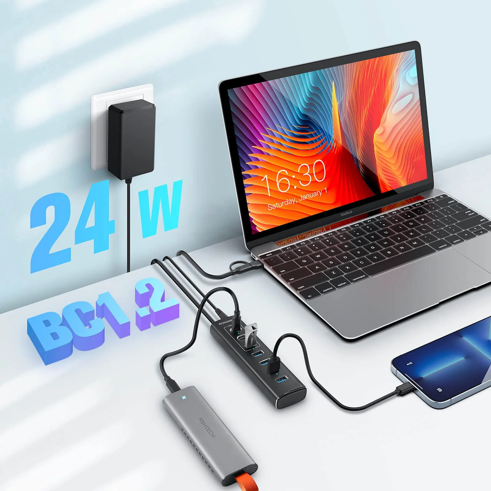 Powered USB Hub, Rosonway 7-Port USB 3.2/USB C Hub with 10Gbps USB-A 3.2, 2 USB-C 3.2, 4 USB 3.0 Ports, Individual Switches and 12V Power Adapter, Aluminum USB Port Expander for Laptop/PC, RSH-A107C - Image 2