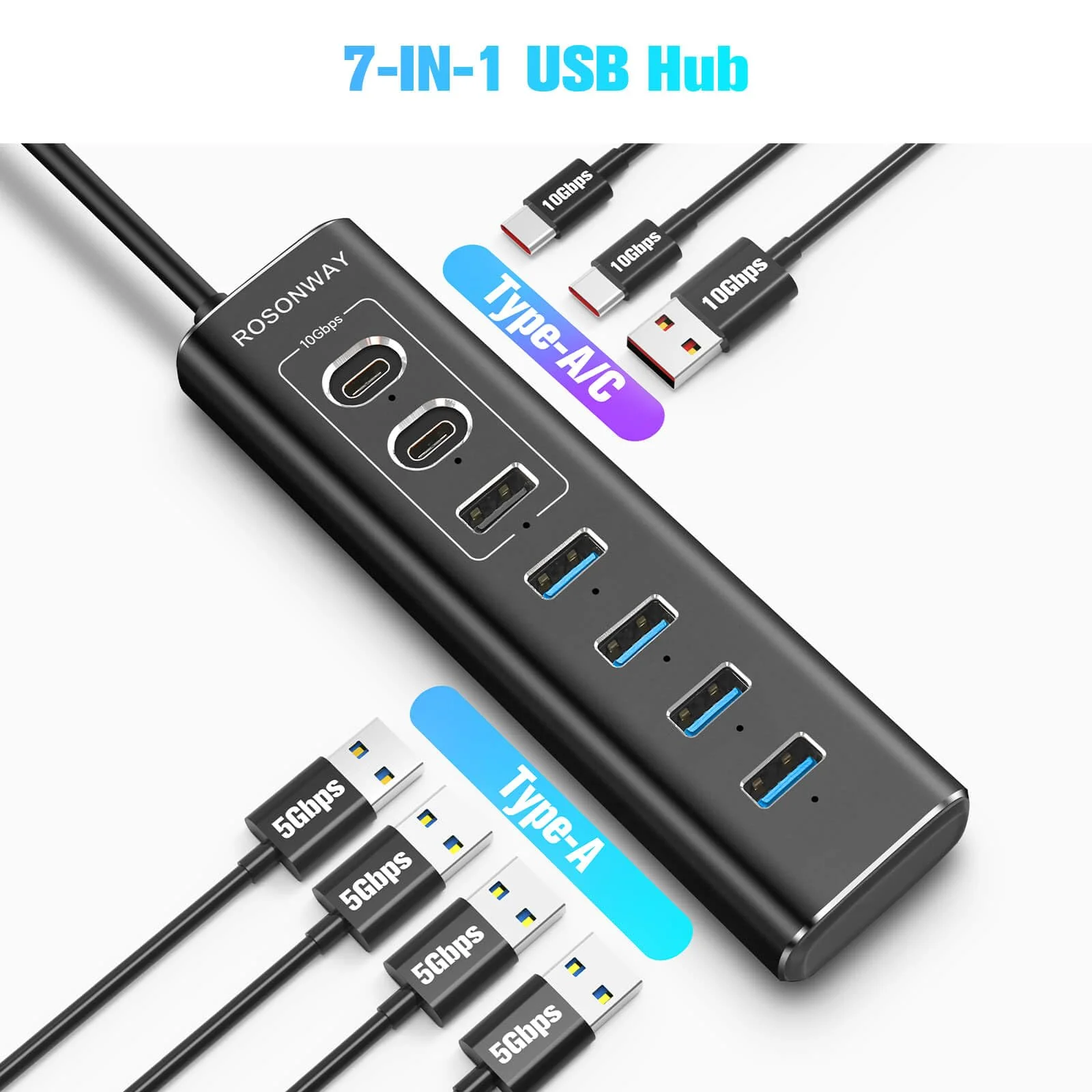 Powered USB Hub, Rosonway 7-Port USB 3.2/USB C Hub with 10Gbps USB-A 3.2, 2 USB-C 3.2, 4 USB 3.0 Ports, Individual Switches and 12V Power Adapter, Aluminum USB Port Expander for Laptop/PC, RSH-A107C - Image 5
