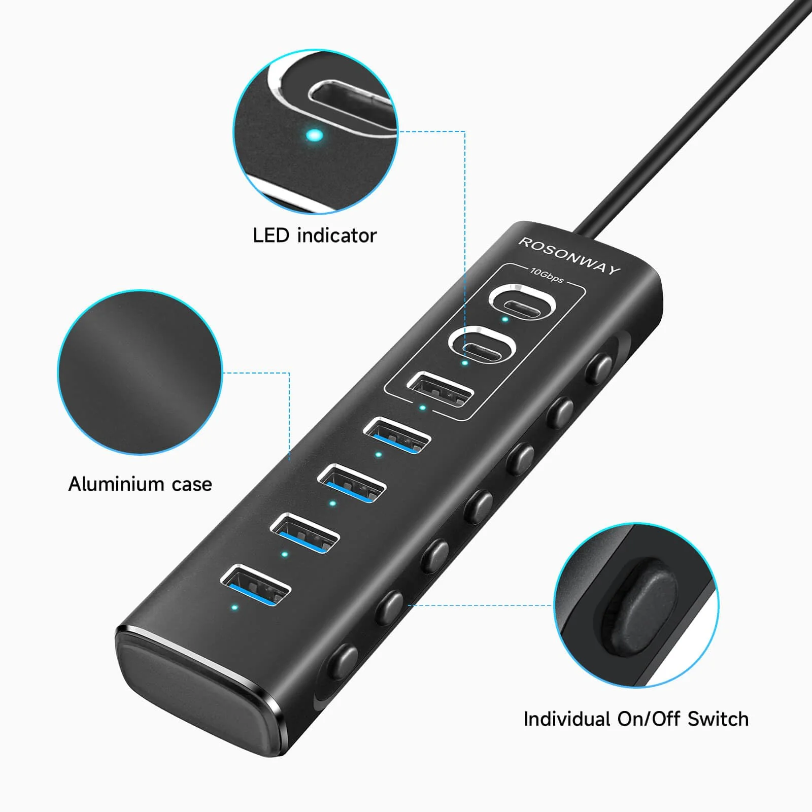 Powered USB Hub, Rosonway 7-Port USB 3.2/USB C Hub with 10Gbps USB-A 3.2, 2 USB-C 3.2, 4 USB 3.0 Ports, Individual Switches and 12V Power Adapter, Aluminum USB Port Expander for Laptop/PC, RSH-A107C - Image 7