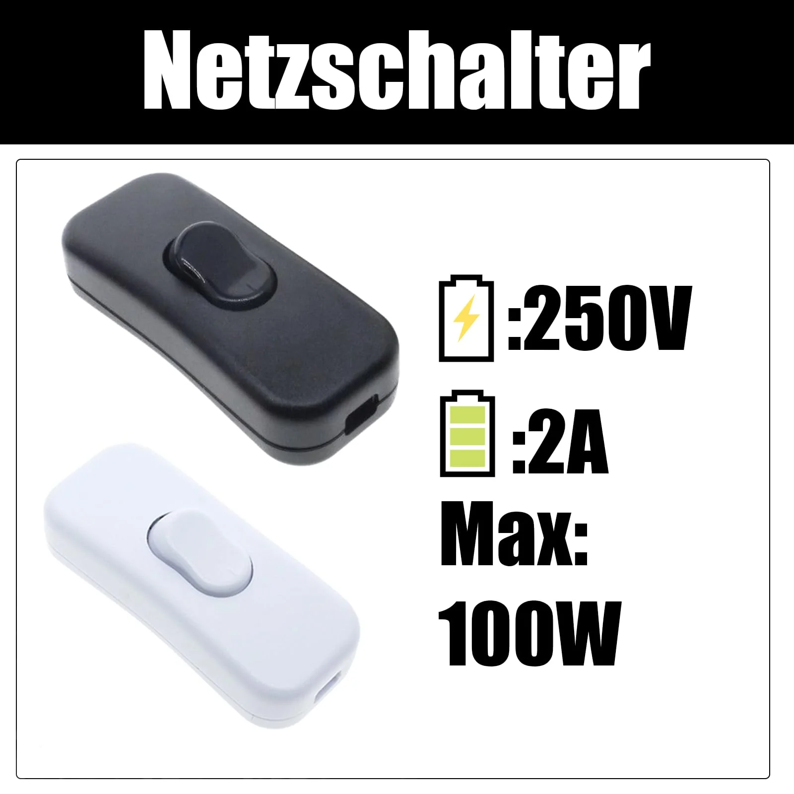 Powice 2 pieces intermediate switch, cord switch, 230 V, cable switch, suitable for 2 and 3-core power cables and small devices or lights toggle switch, (white + black) 2 Stück White+Black - Image 3