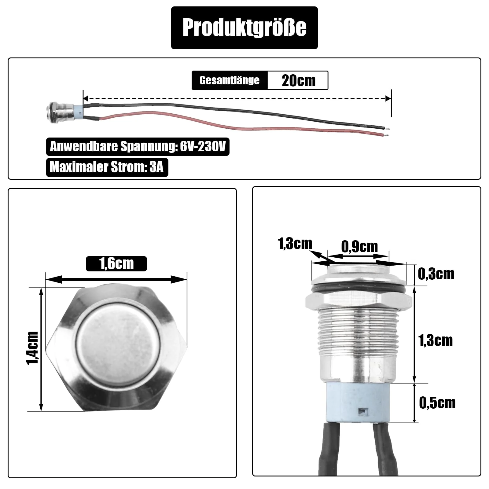 Powice 2 x 12 mm waterproof switch, pressure switch, self-locking stainless steel button switch, 12 V/230 V, suitable for horns, car bells, cars etc. with 20 cm connection cable (protruding) Protruding self-locking switch - Image 2